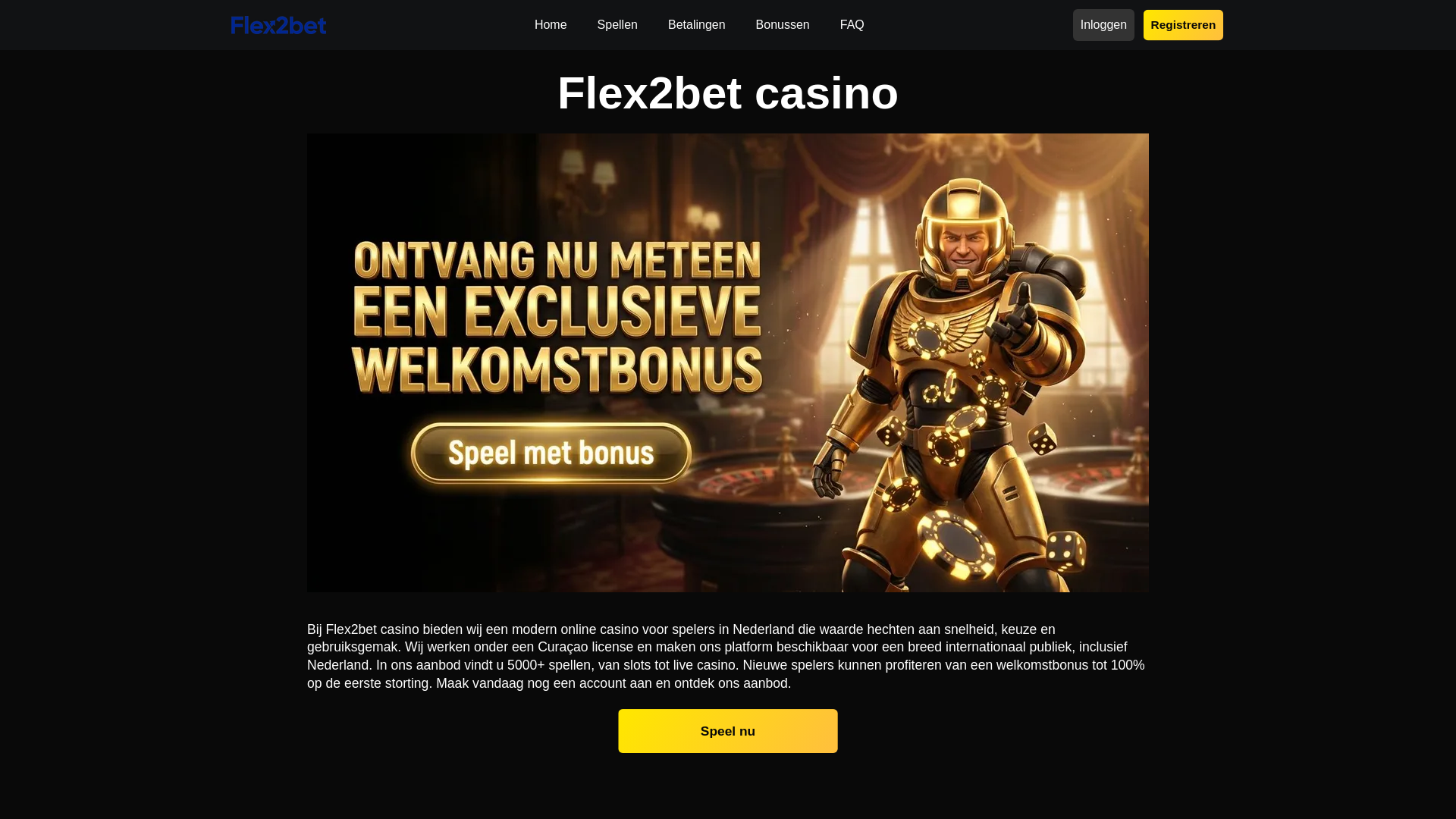 website screenshot of https://flex2betcasino.nl
