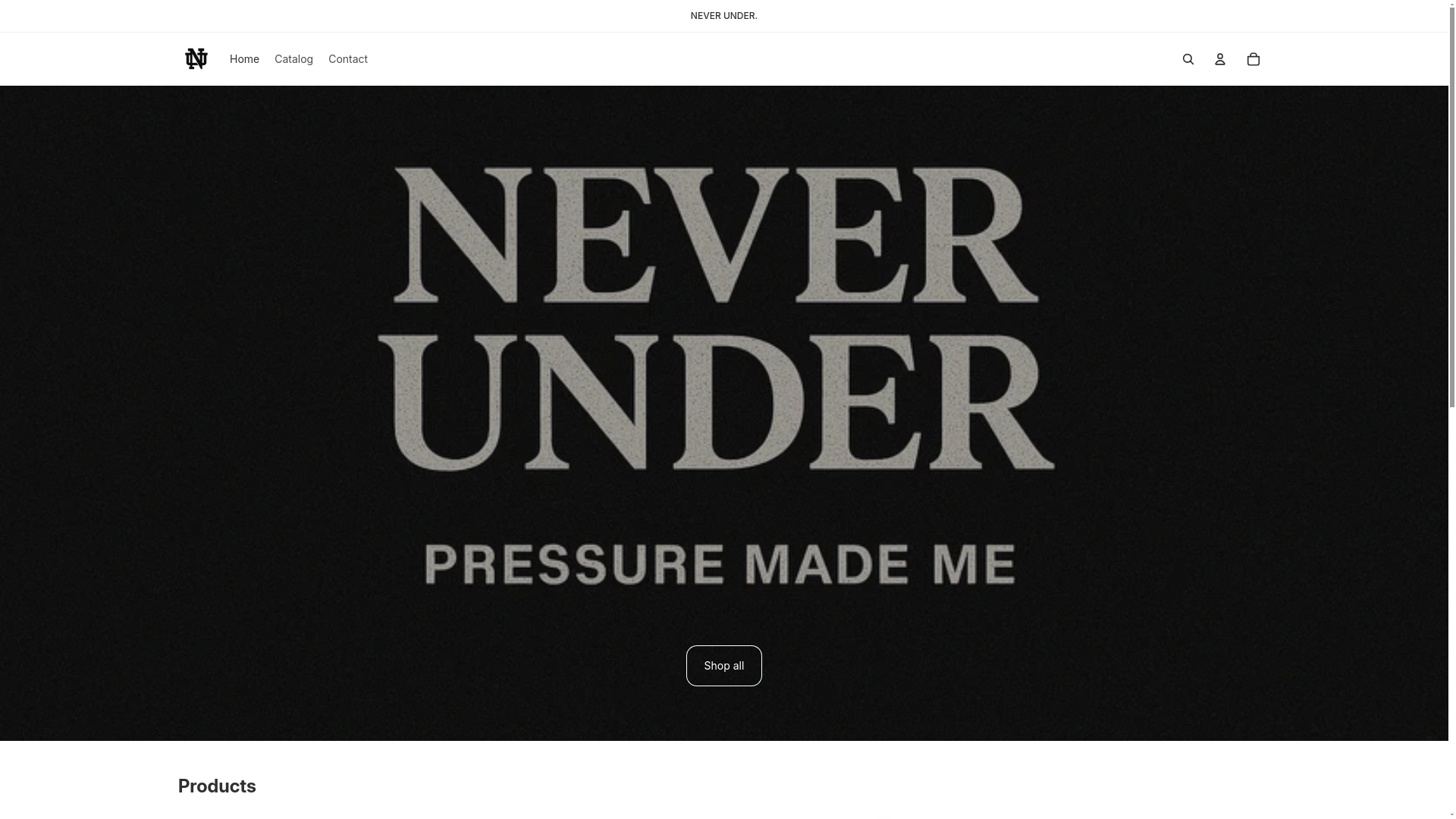 website screenshot of https://neverunder.store/