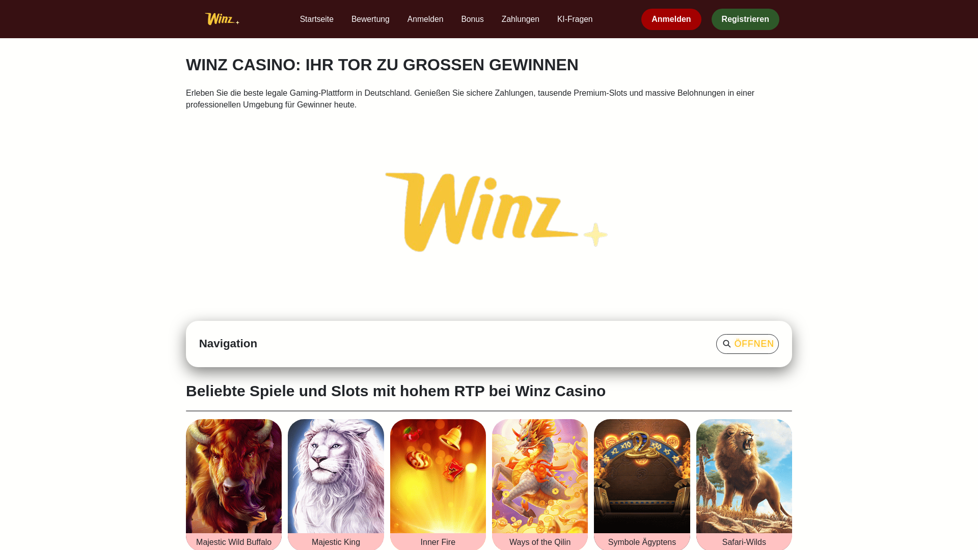 website screenshot of https://winzslots.com