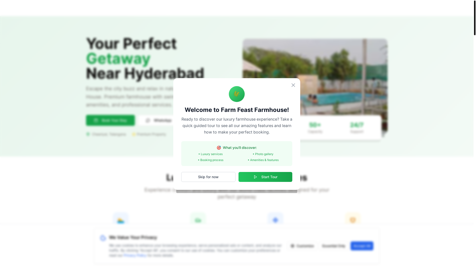 website screenshot of https://farmfeastfarmhouse.co.in/