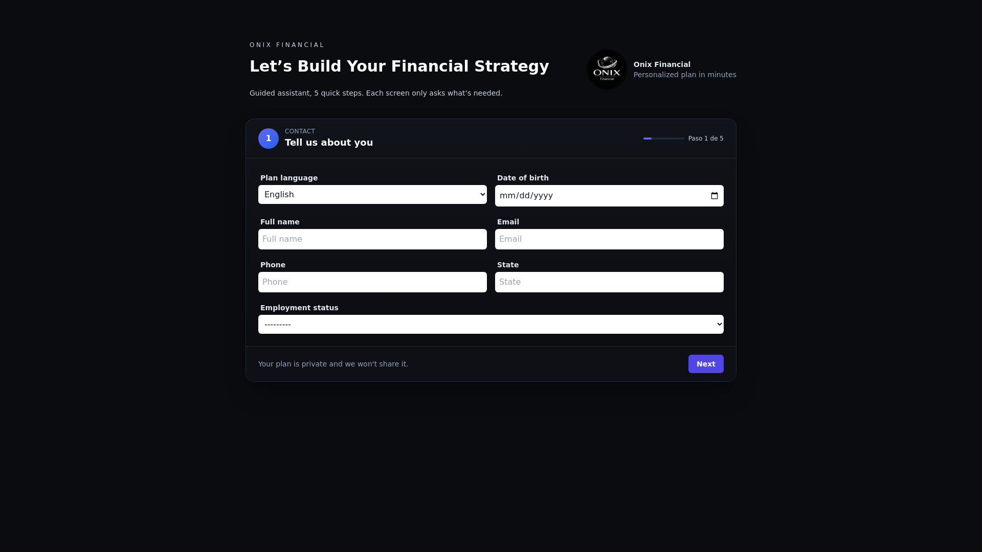website screenshot of https://onixfinancial.com/
