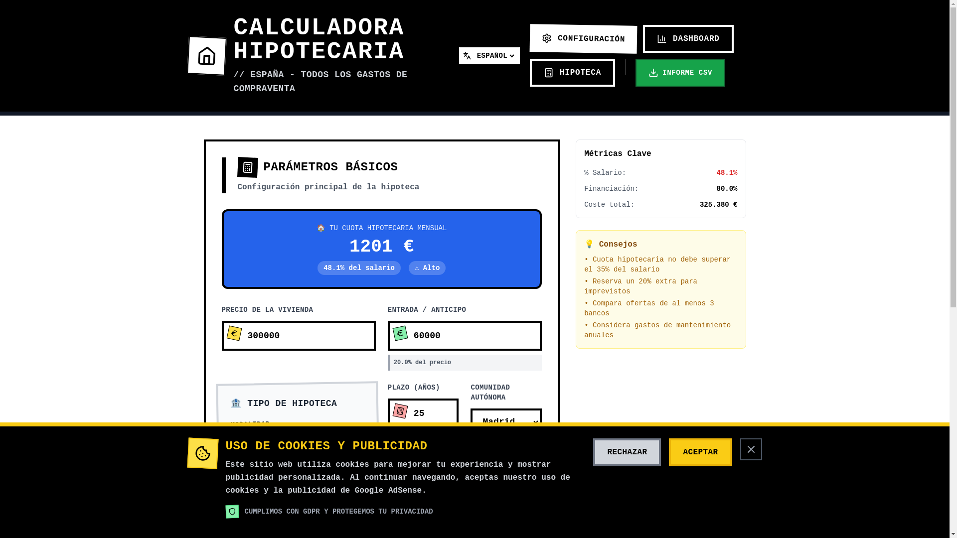 website screenshot of https://calculadorahipoteca.casa/