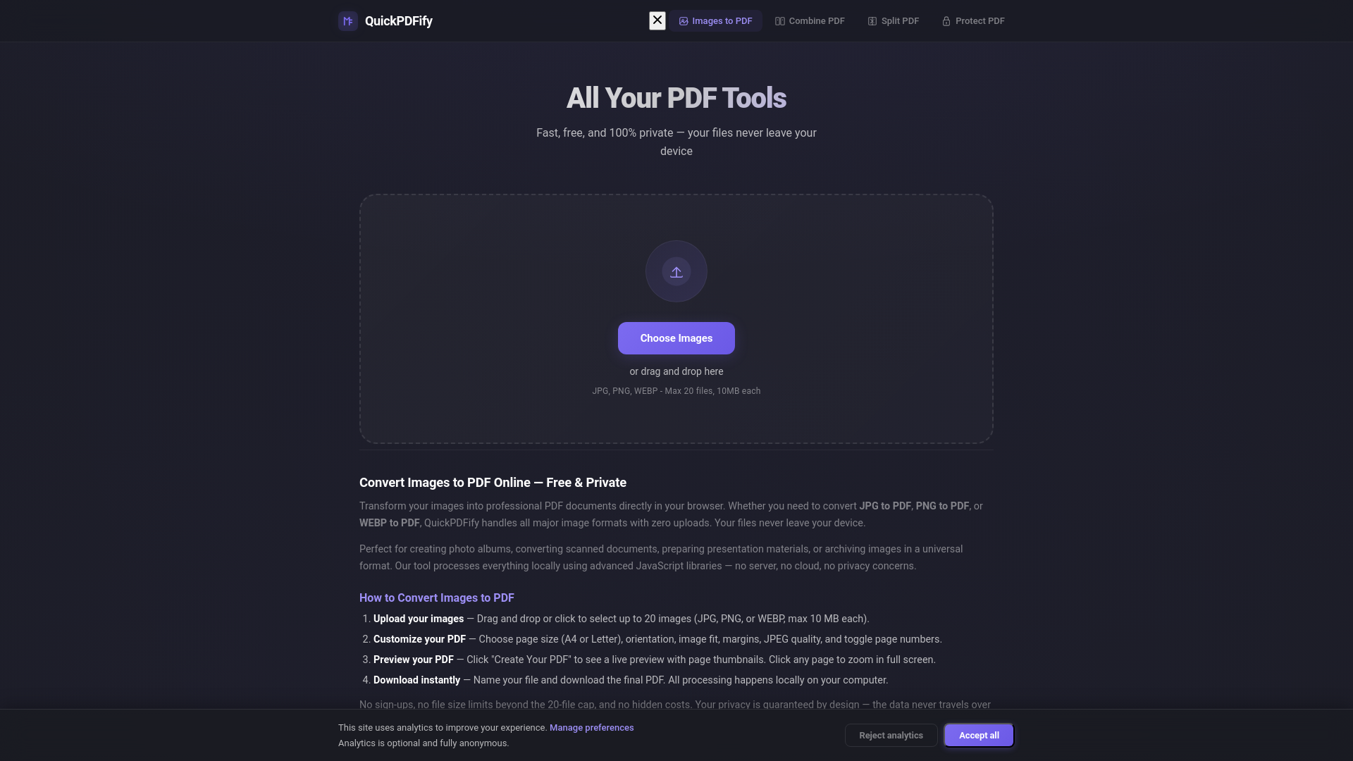 website screenshot of https://quickpdfify.com/