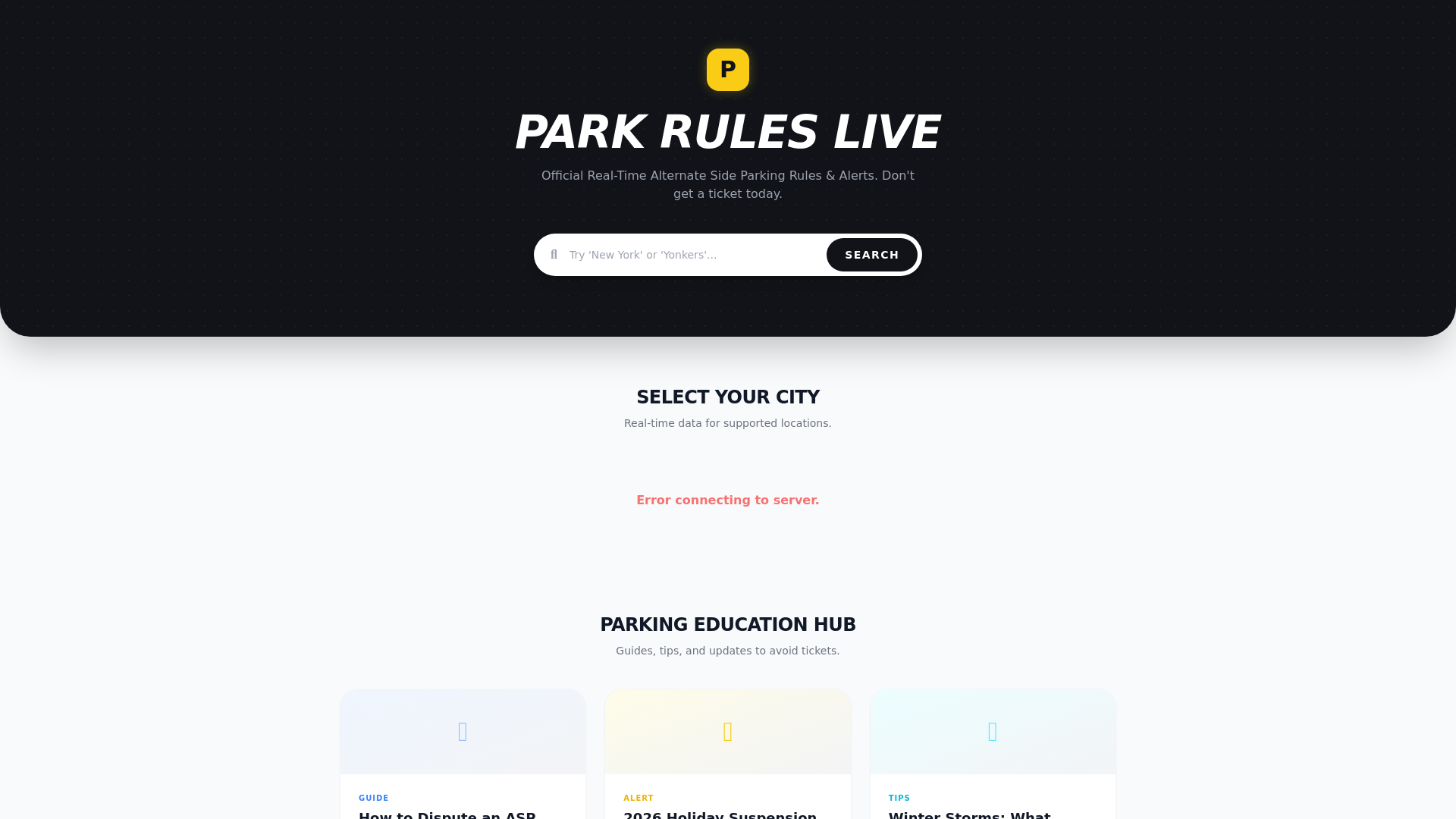 website screenshot of https://parkruleslive.com/