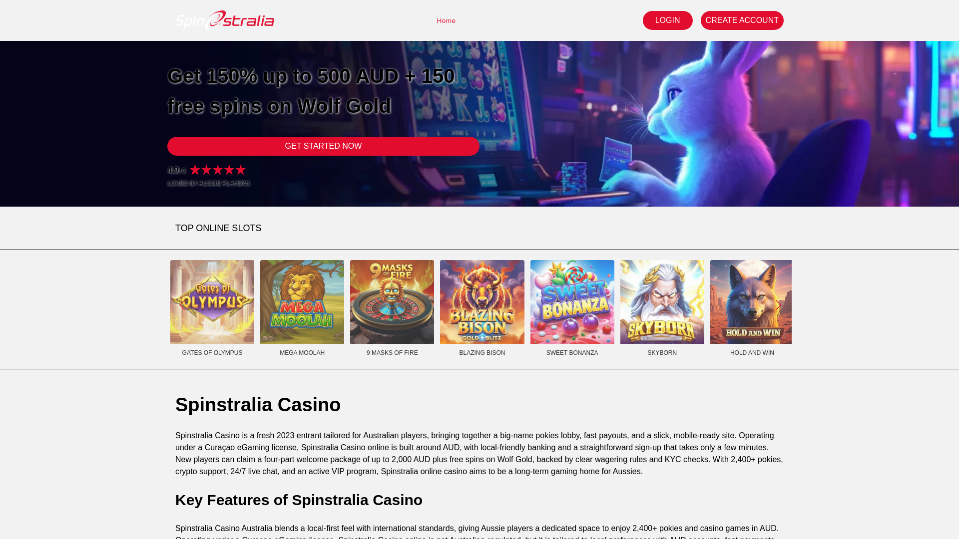 website screenshot of https://casinospinstralia.net/