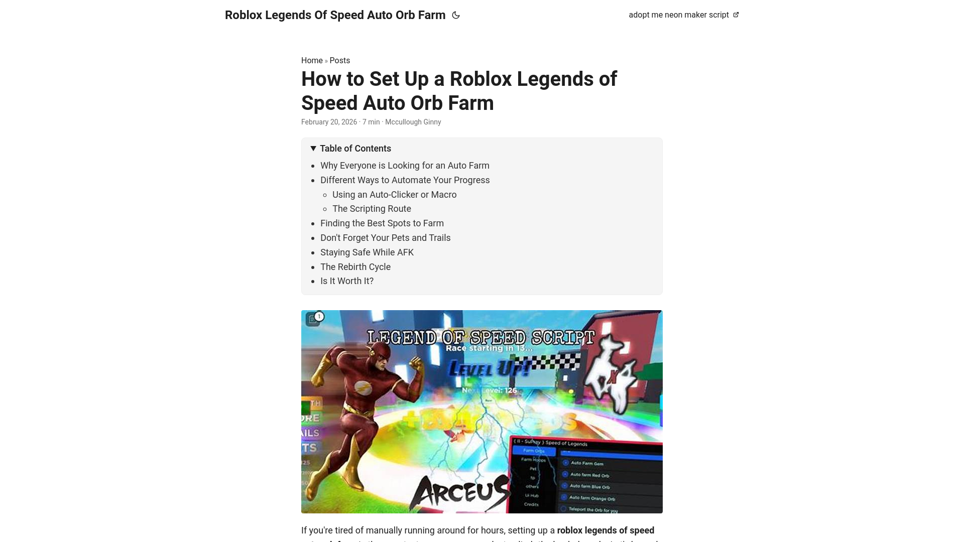 website screenshot of https://roblox-legends-of-speed-auto-orb-farm.pages.dev/