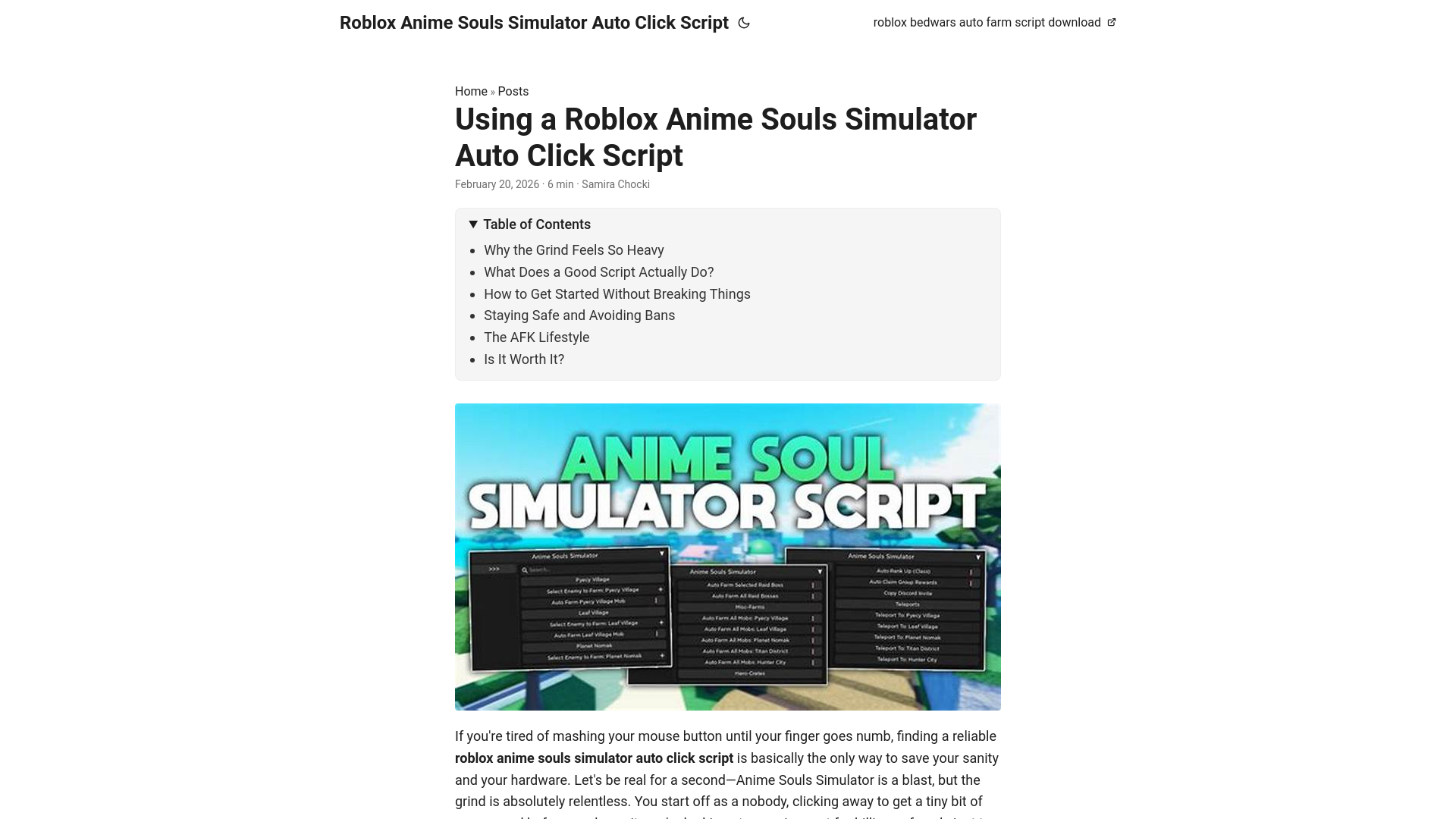 website screenshot of https://roblox-anime-souls-simulator-auto-click-script.pages.dev/