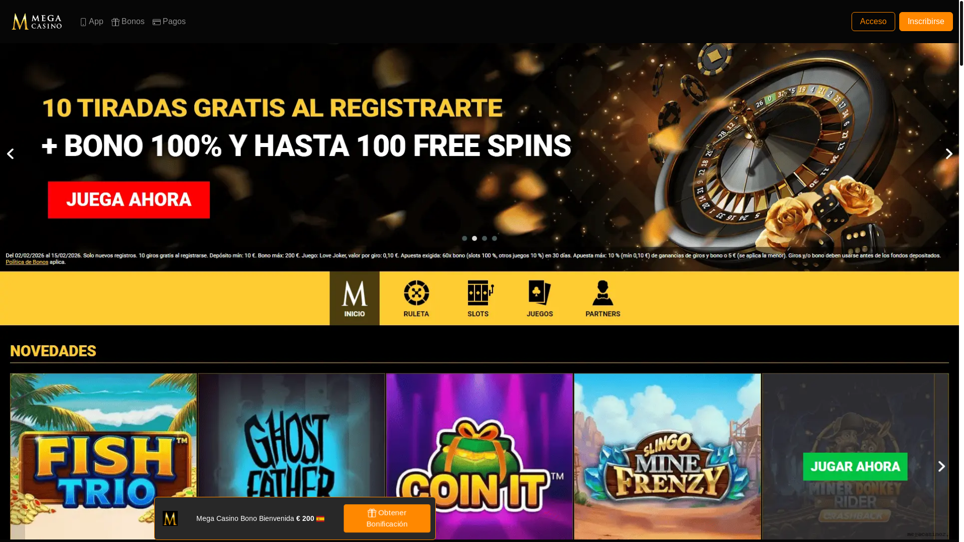 website screenshot of https://megacasinoz.es/