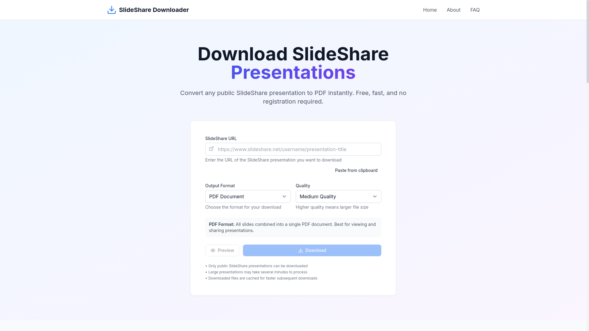 website screenshot of https://slideshare-downloader.pages.dev/