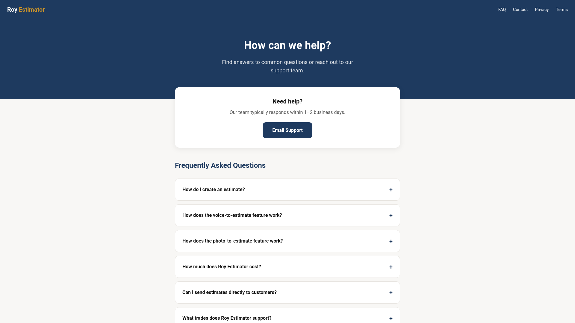 website screenshot of https://royestimator.com/