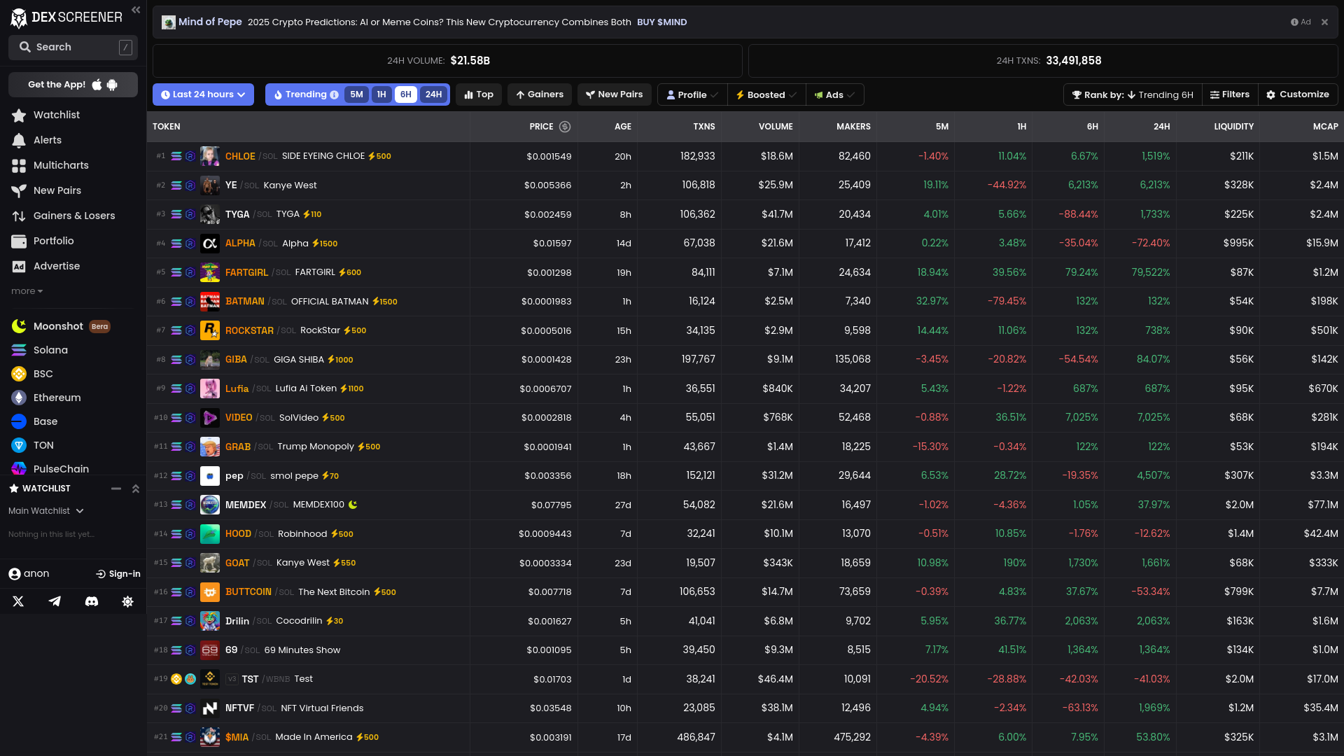 website screenshot of https://dexscraener.com/