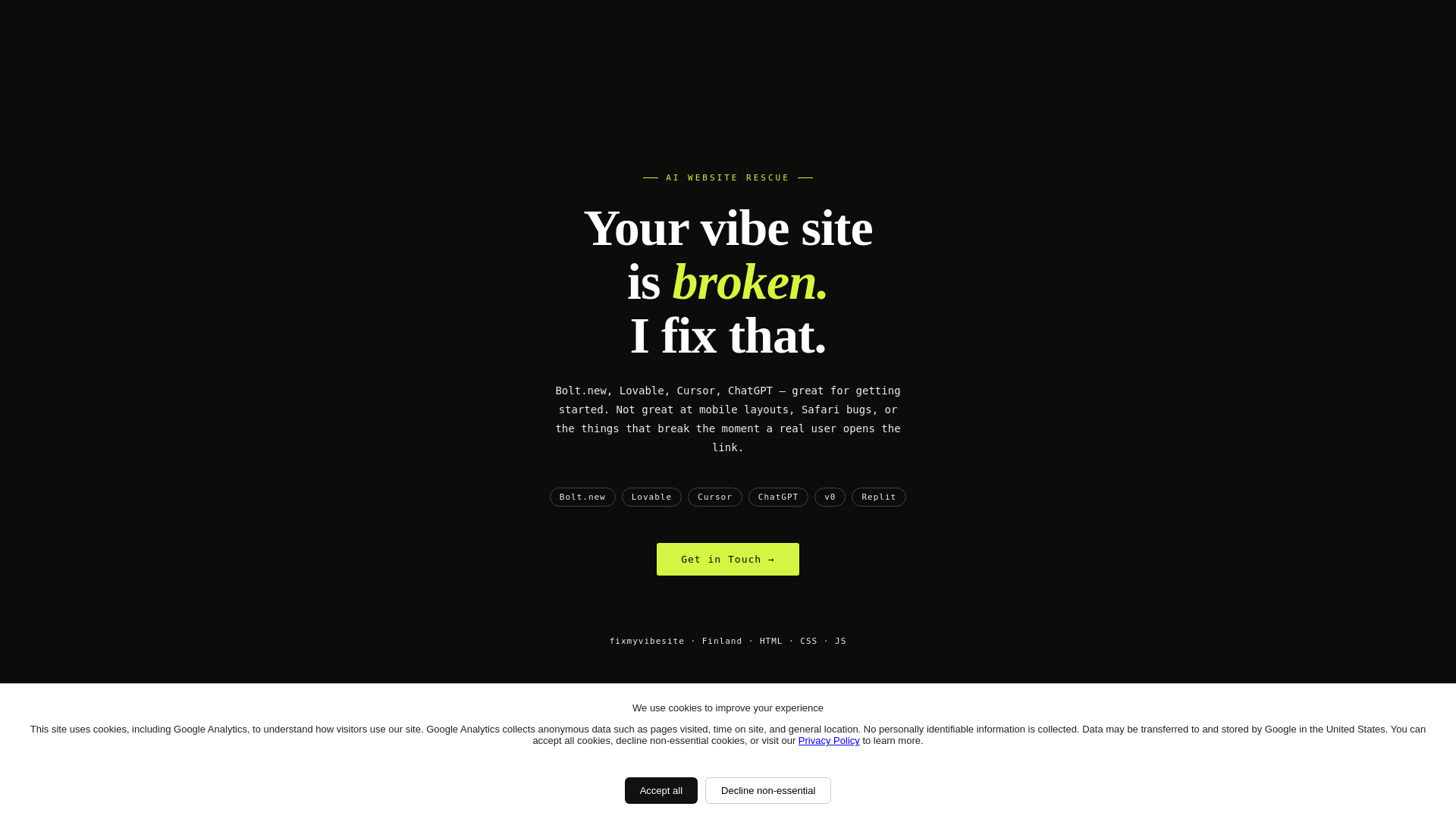 website screenshot of https://fixmyvibesite.com