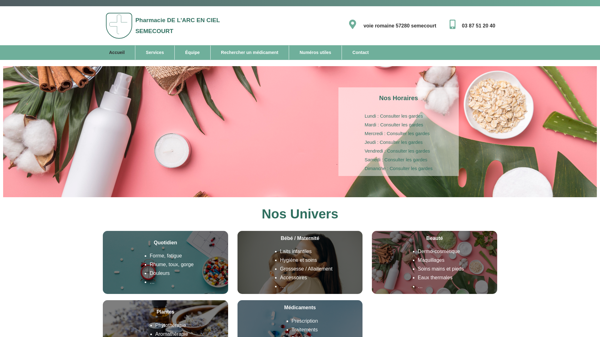 website screenshot of https://pharmacie-arcenciel-semecourt.fr/