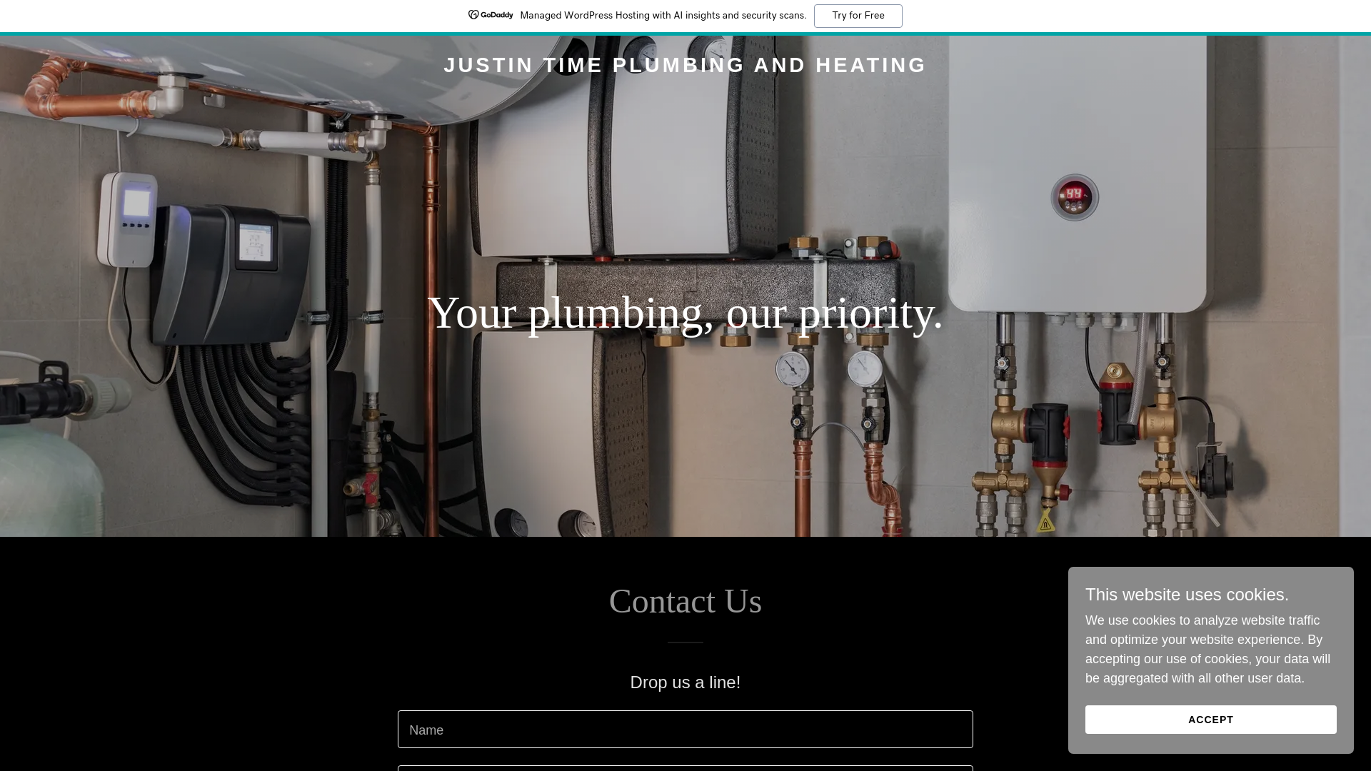 website screenshot of https://justintimeplumbingandheating.ca/