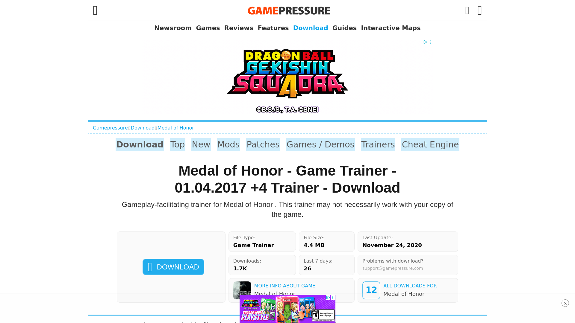 website screenshot of https://www.gamepressure.com/download/medal-of-honor-01042017-4-trainer/z412b96