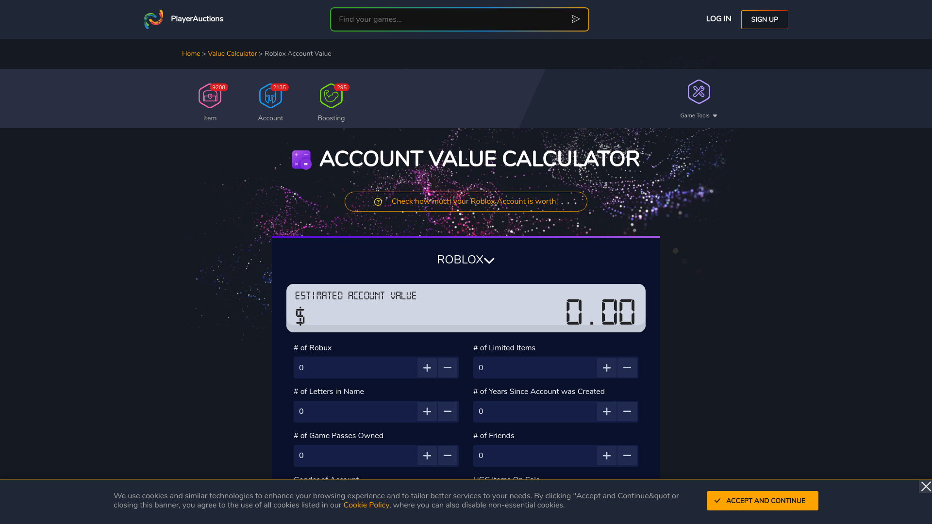 website screenshot of https://www.playerauctions.com/value-calculator/roblox-account-worth/