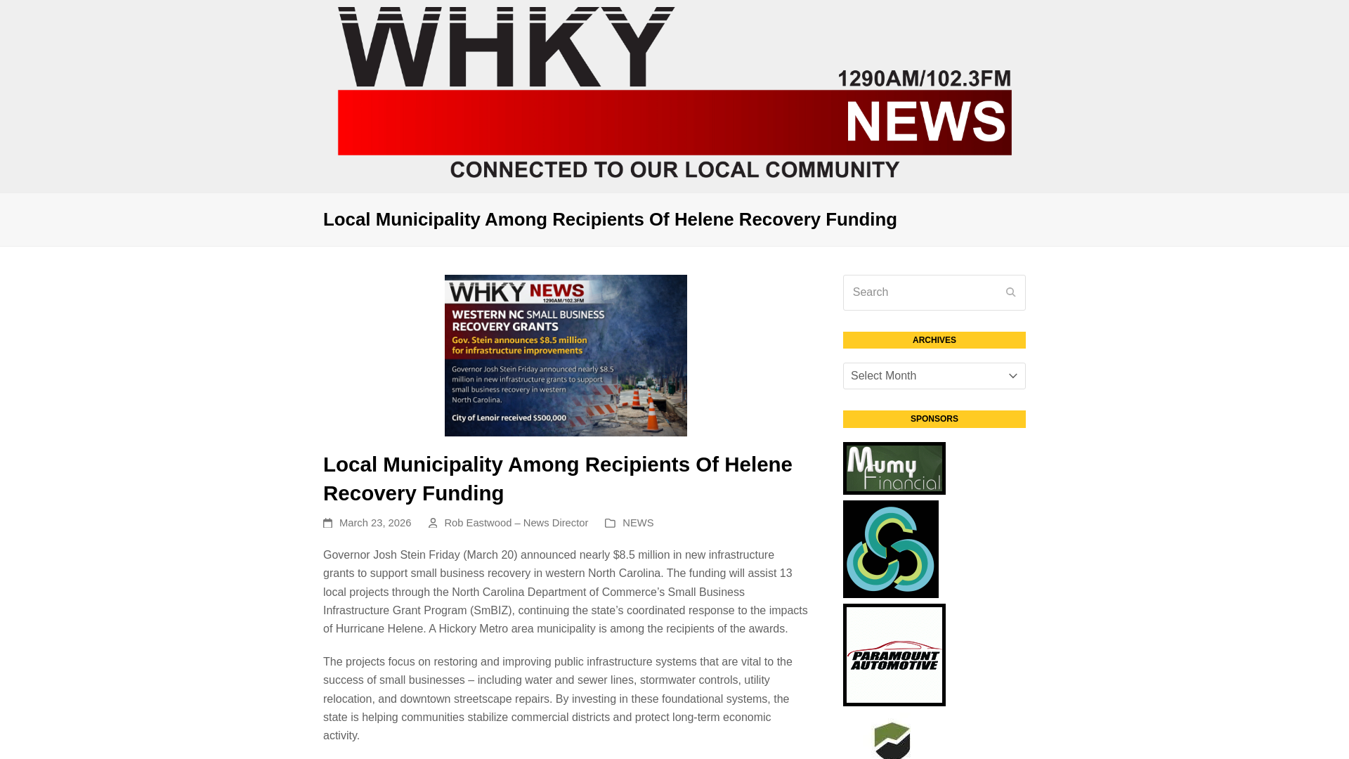 website screenshot of https://whky.com/local-municipality-among-recipients-of-helene-recovery-funding/