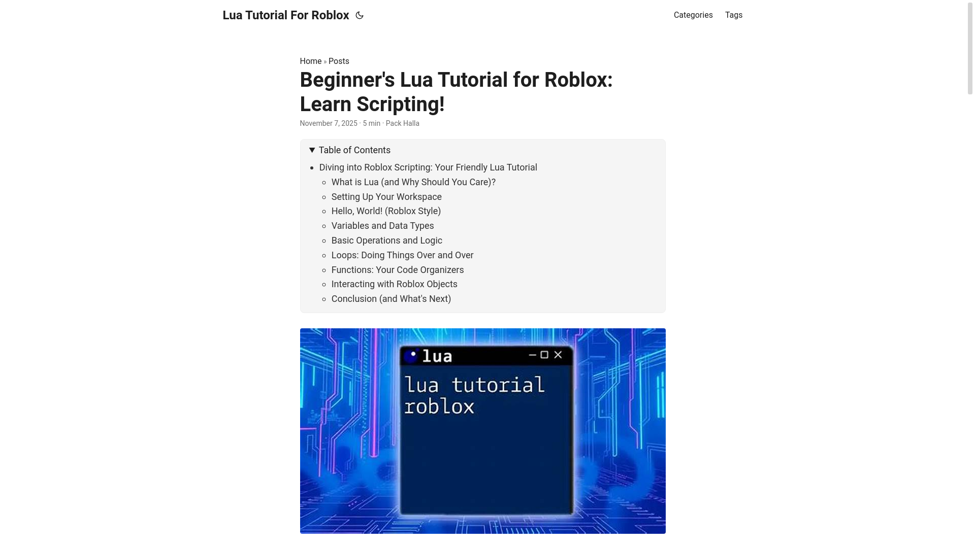 website screenshot of https://lua-tutorial-for-roblox.pages.dev/
