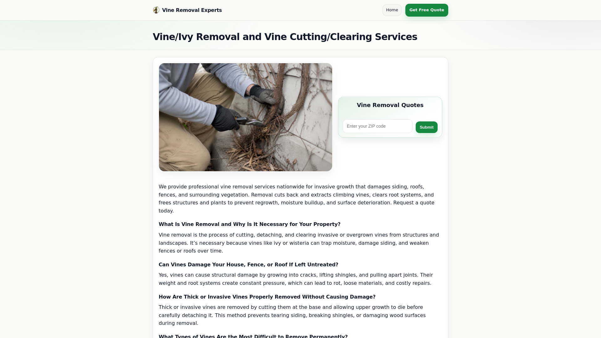 website screenshot of https://vineremovalexperts.com/