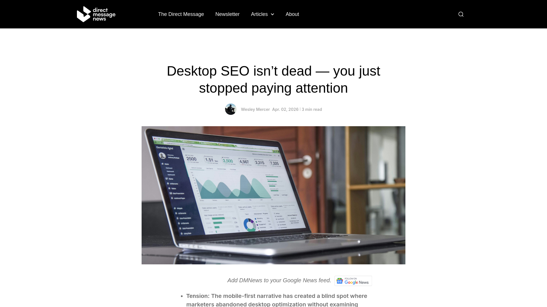 website screenshot of https://dmnews.com/desktop-seo-isnt-dead-you-just-stopped-paying-attention/