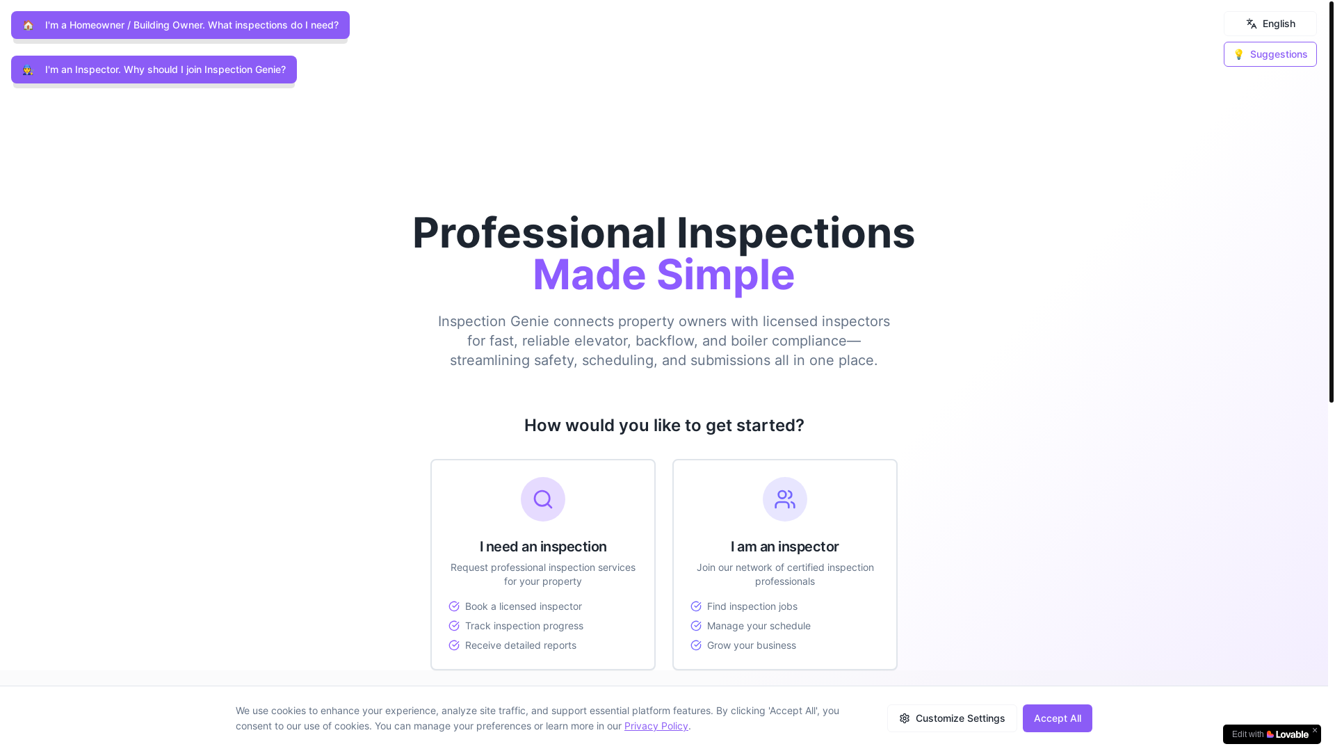 website screenshot of https://inspection-genie.com/