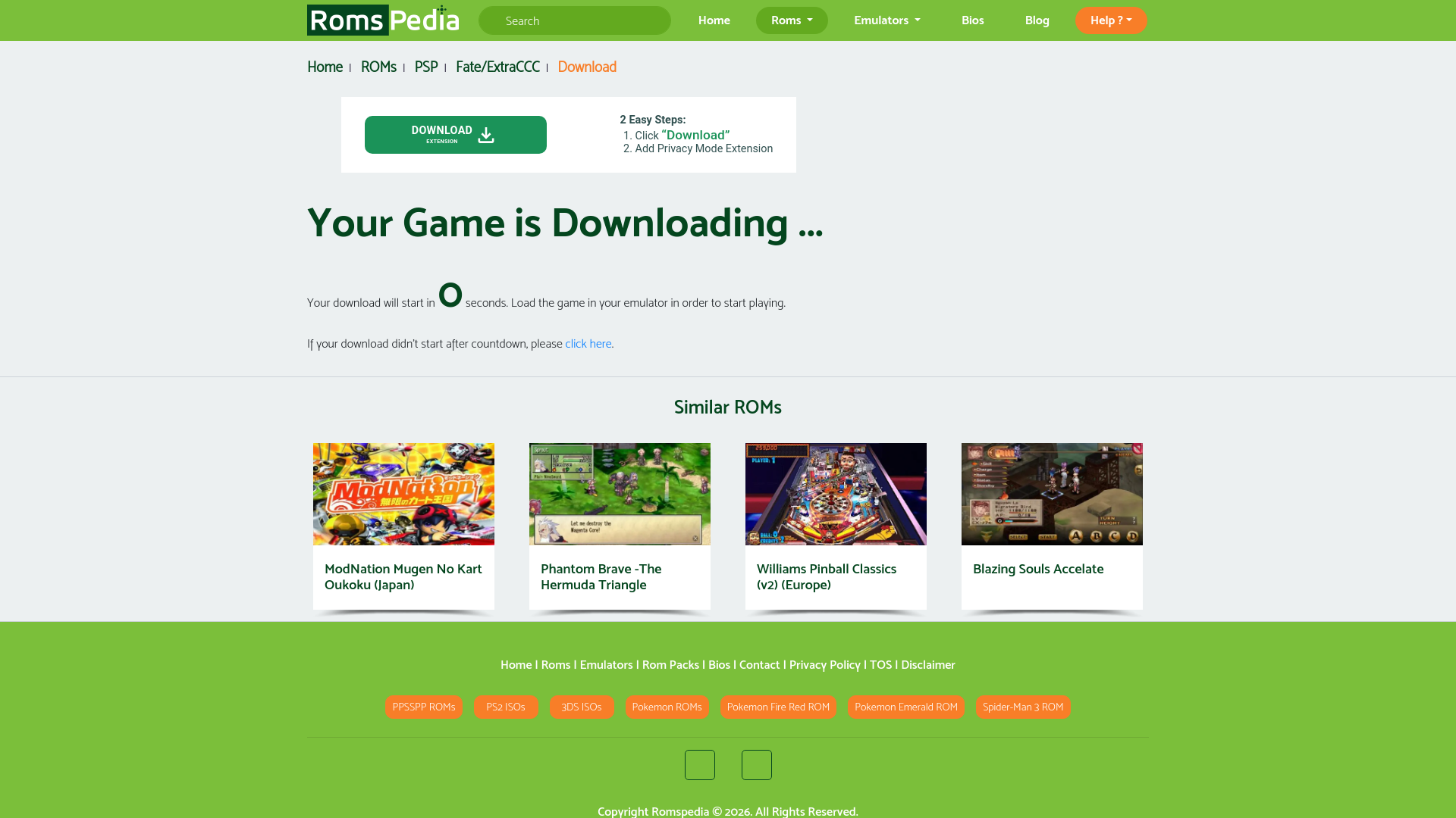 website screenshot of https://www.romspedia.com/roms/playstation-portable/fate-extraccc/download?speed=fast