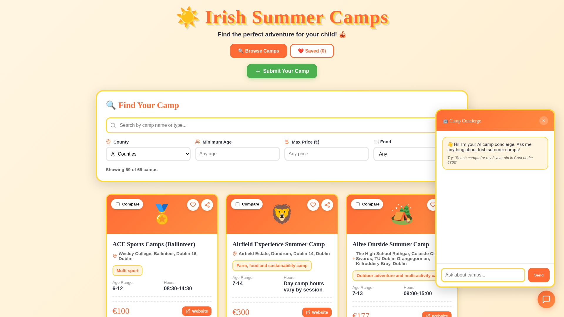 website screenshot of https://irishsummercamps.ie/