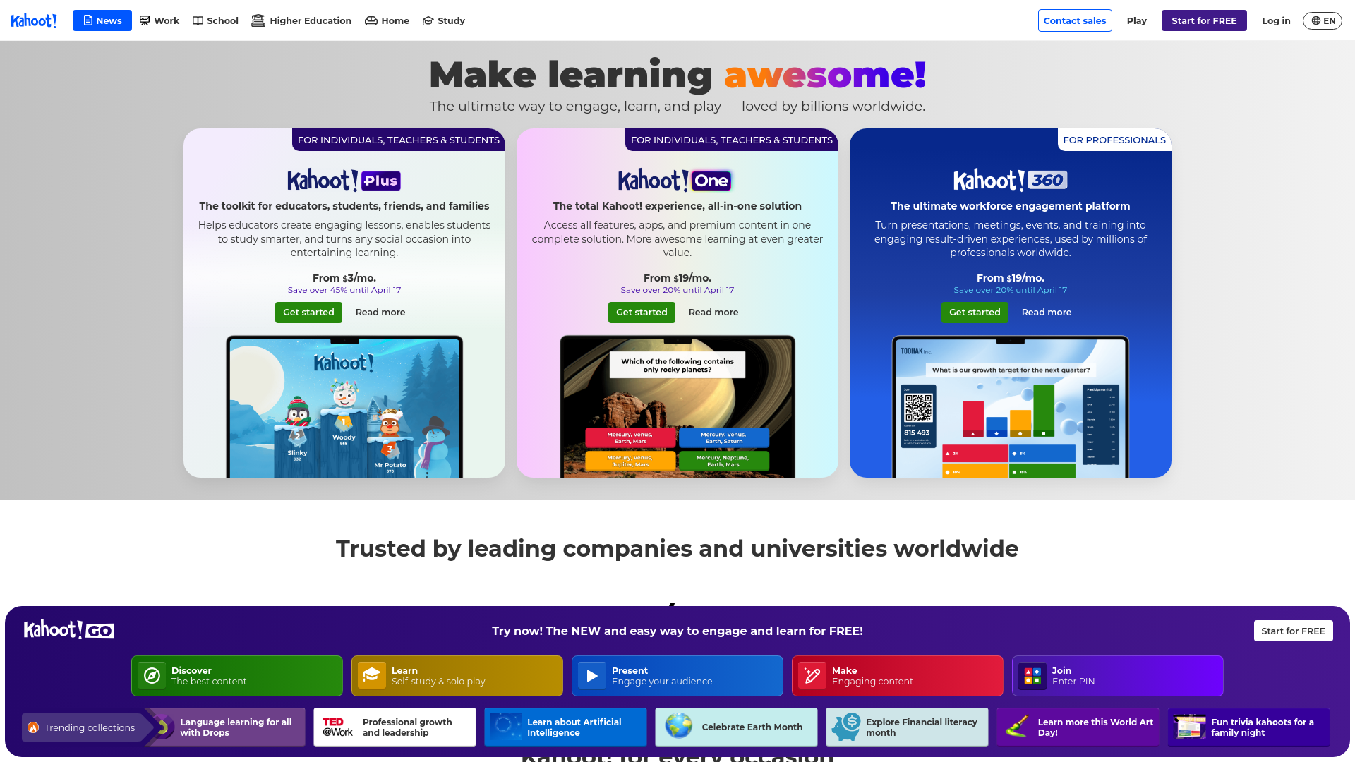 website screenshot of https://kahoot.com