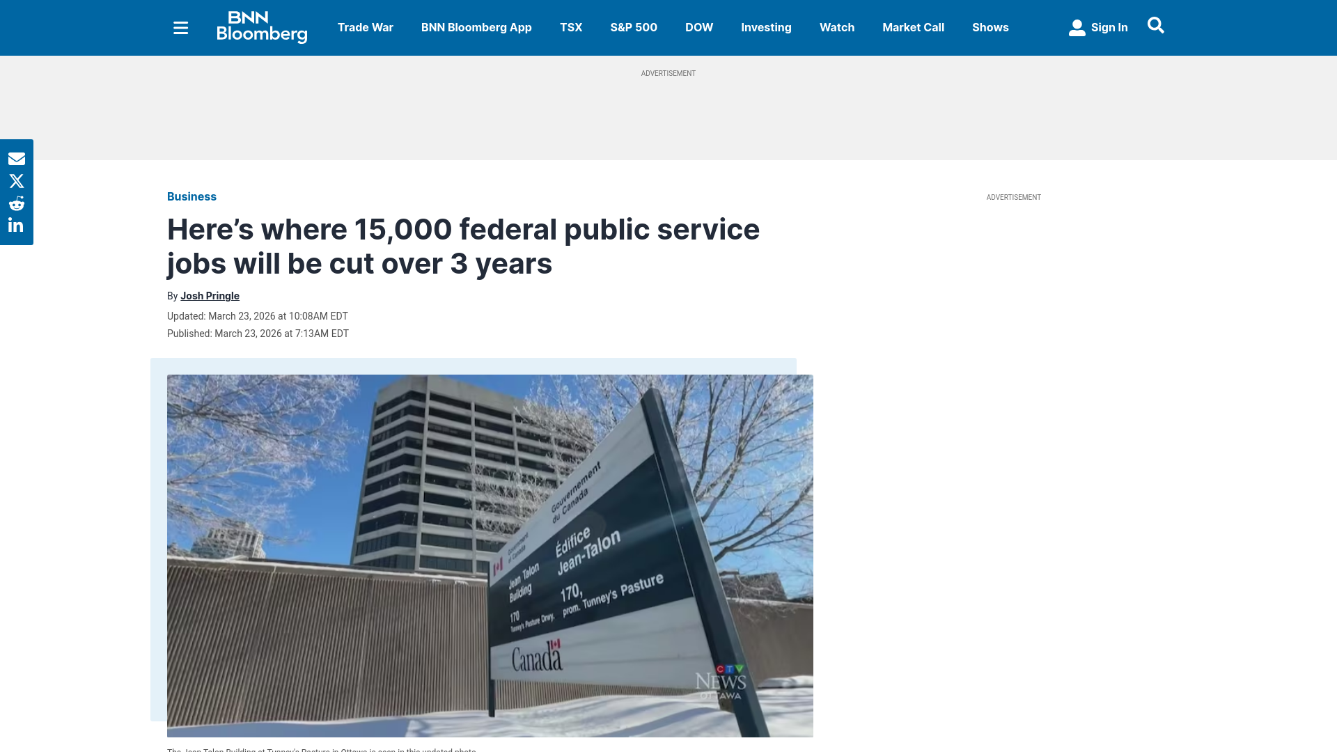 website screenshot of https://www.bnnbloomberg.ca/business/2026/03/23/heres-where-15000-federal-public-service-jobs-will-be-cut-over-3-years/