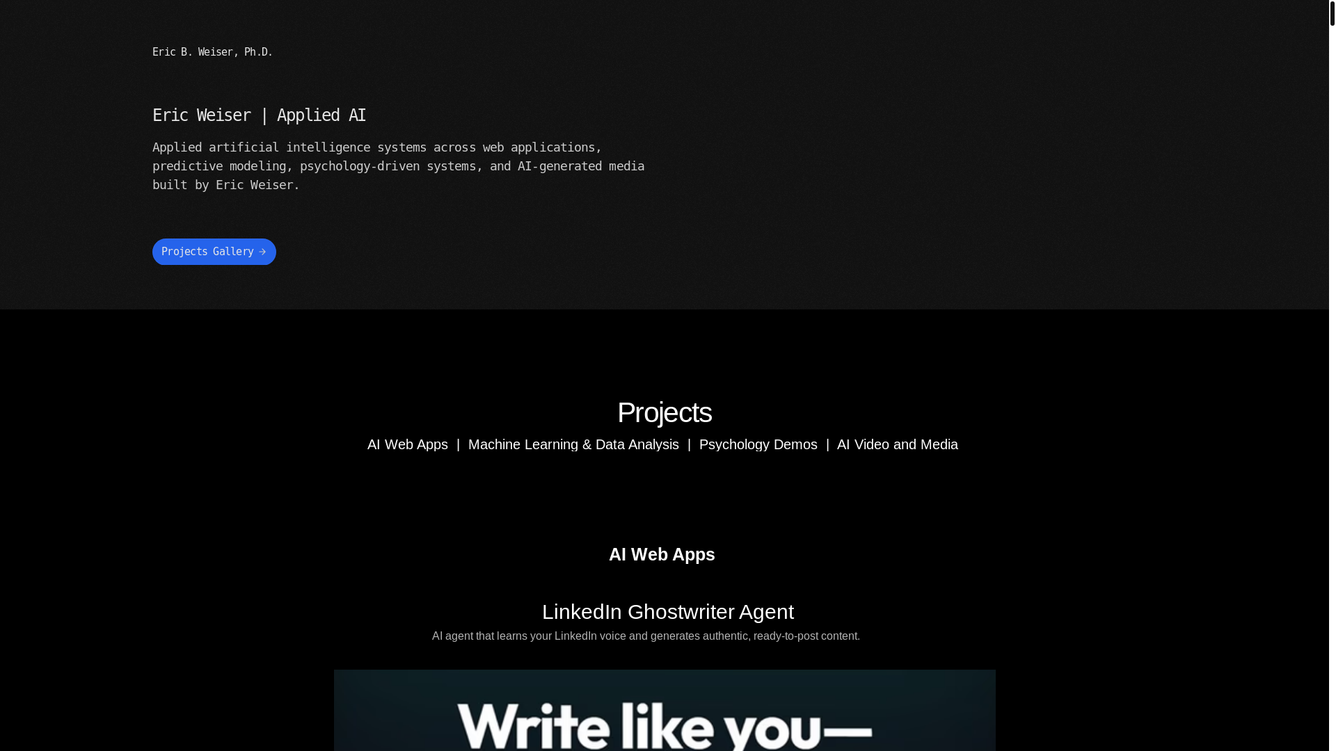 website screenshot of https://ericweiser.ai/