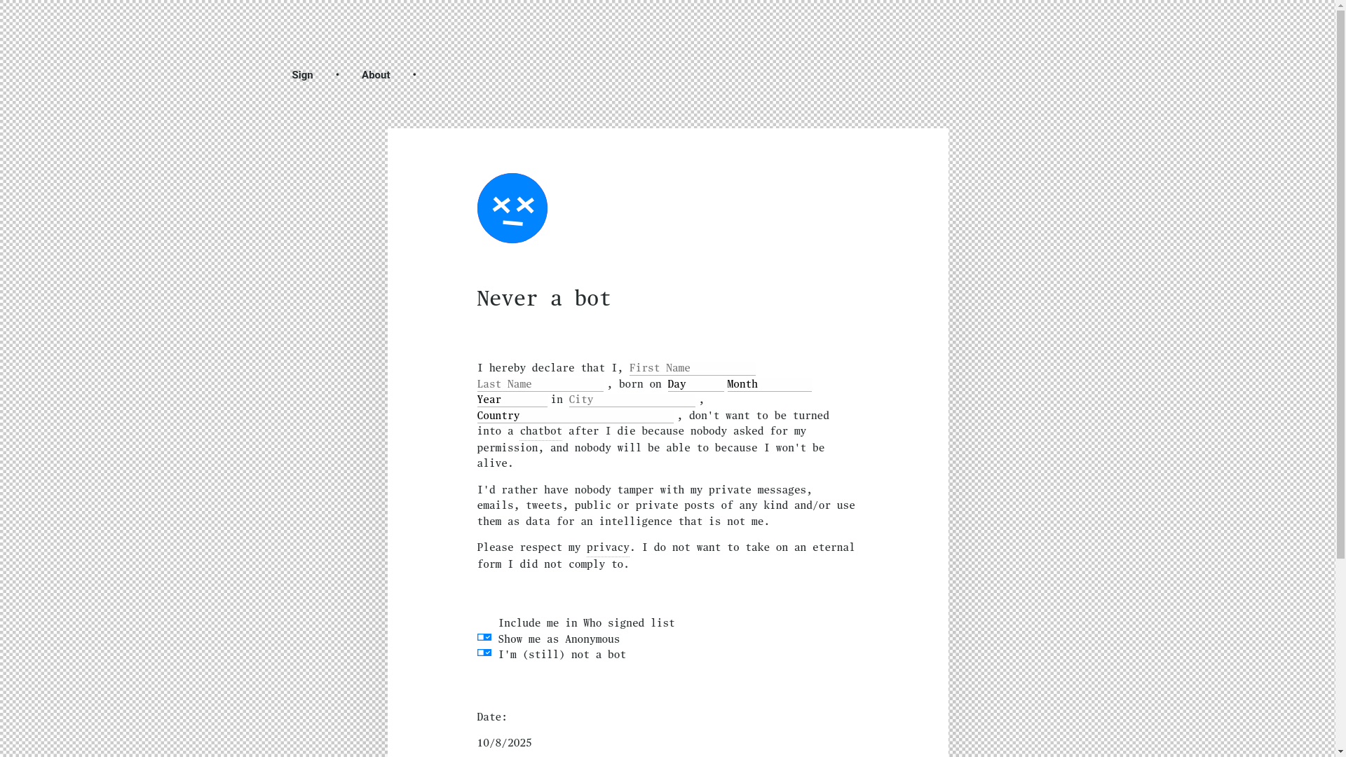 website screenshot of https://neverabot.org/
