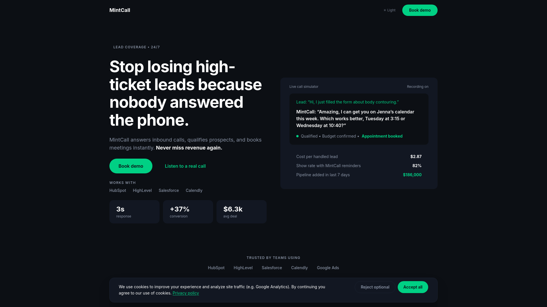 website screenshot of https://mintcall.ai/