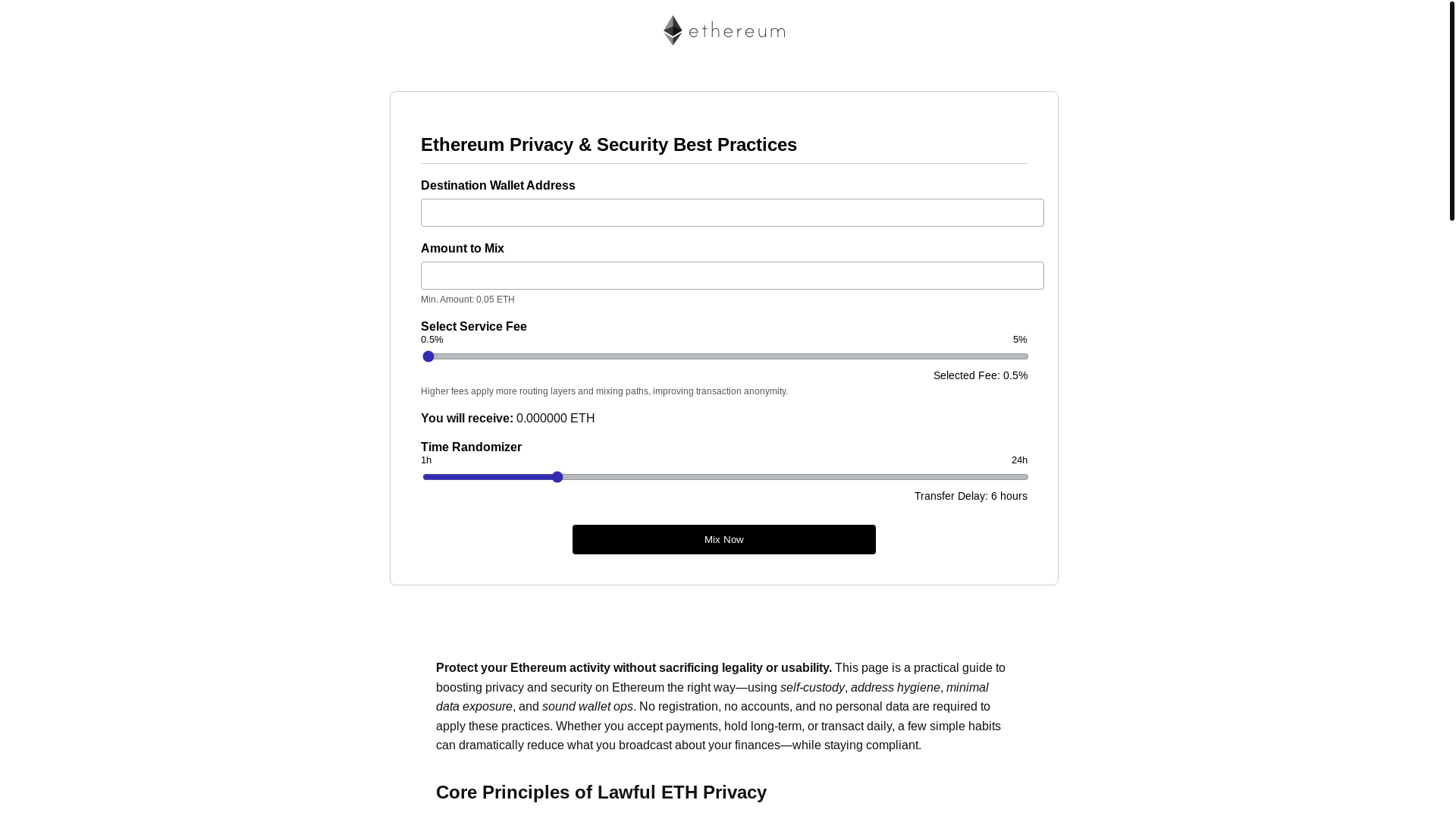 website screenshot of https://ethereum-mixer.exchange/