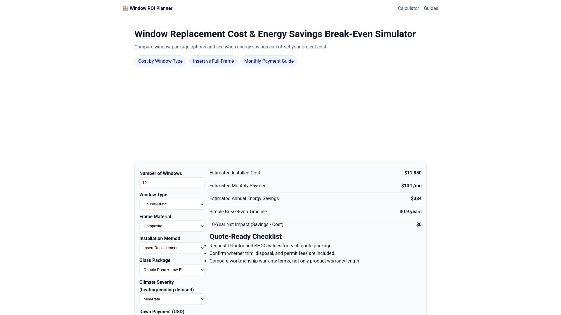 website screenshot of https://window-replacement-cost-energy-savings-simulator.pages.dev/