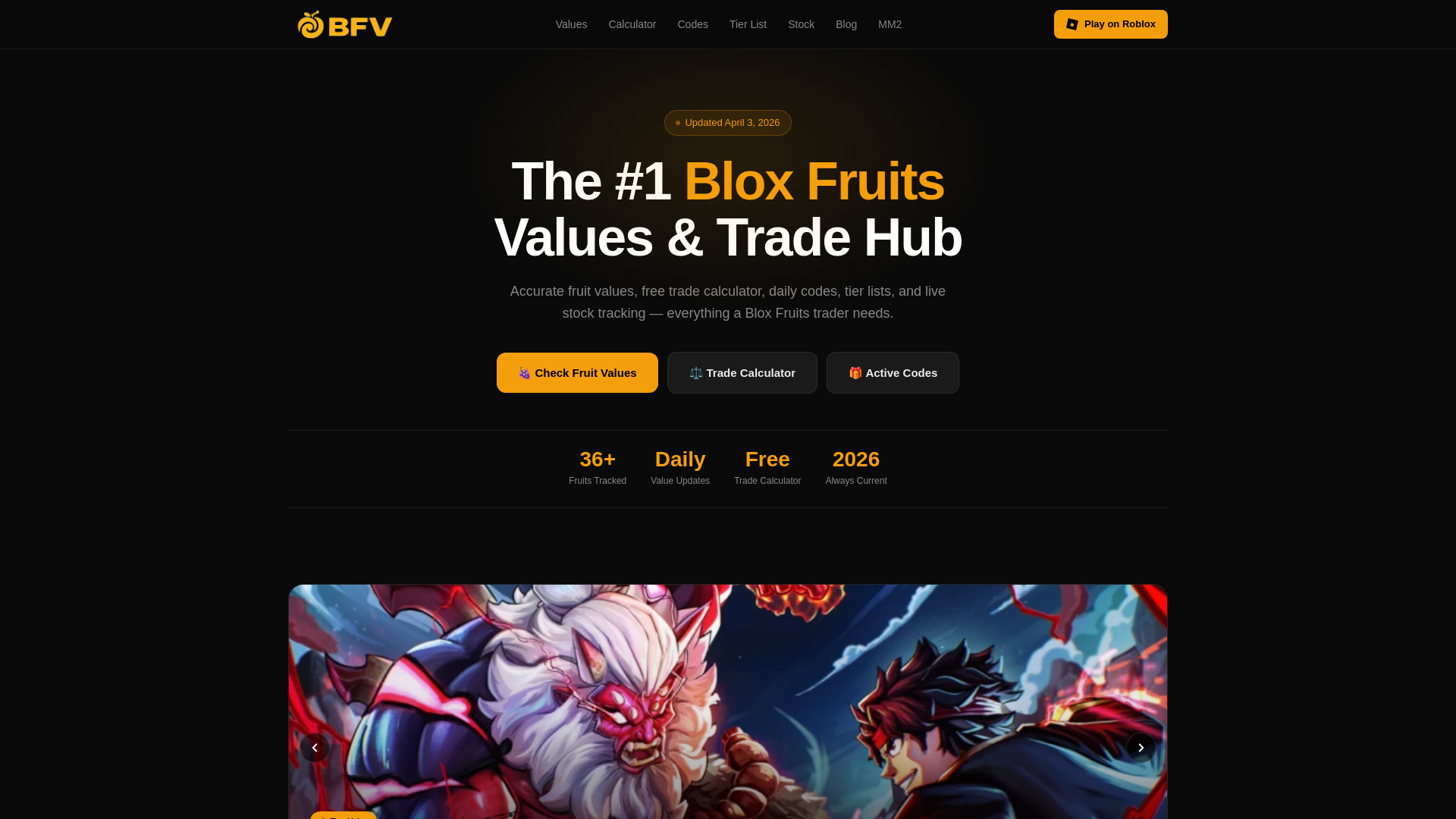 website screenshot of https://bloxfruitsvalues.app