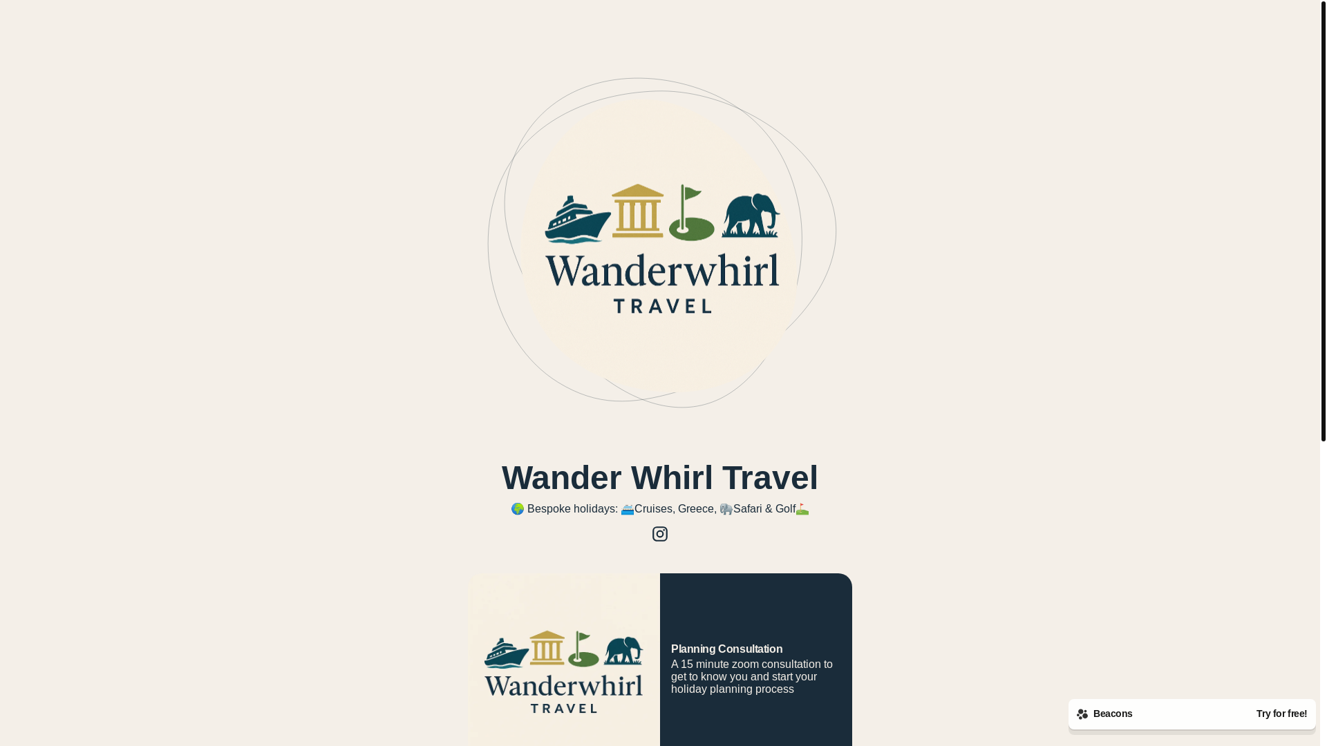 website screenshot of https://wanderwhirltravel.bio/