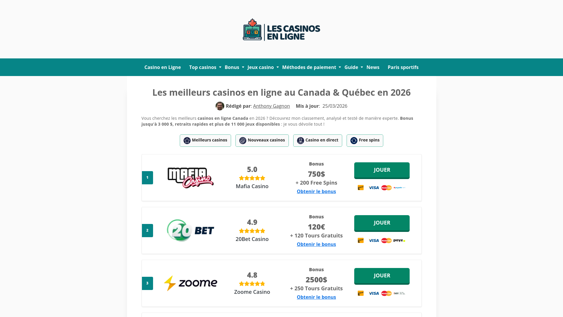 website screenshot of https://lescasinoenligne.ca