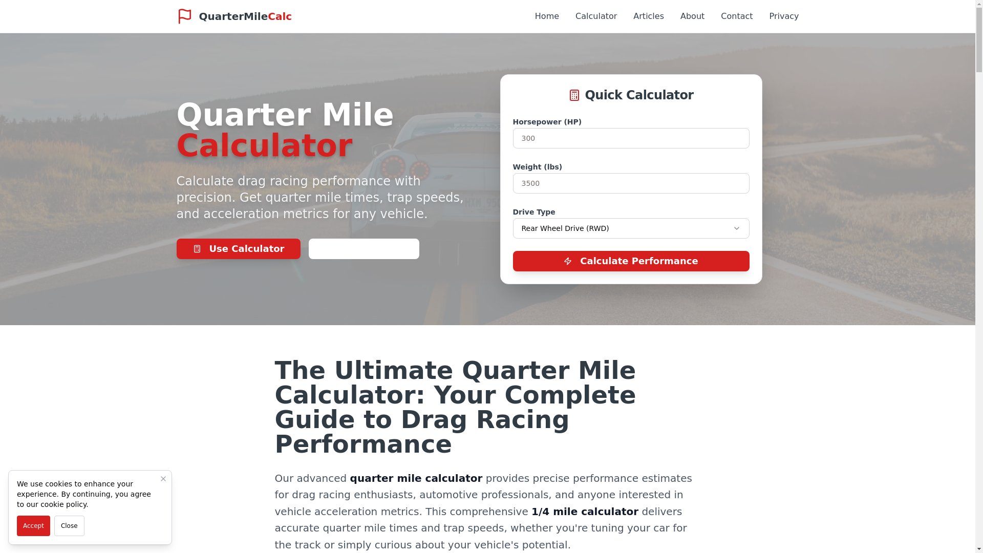 website screenshot of https://quartermilecalculator.pages.dev/