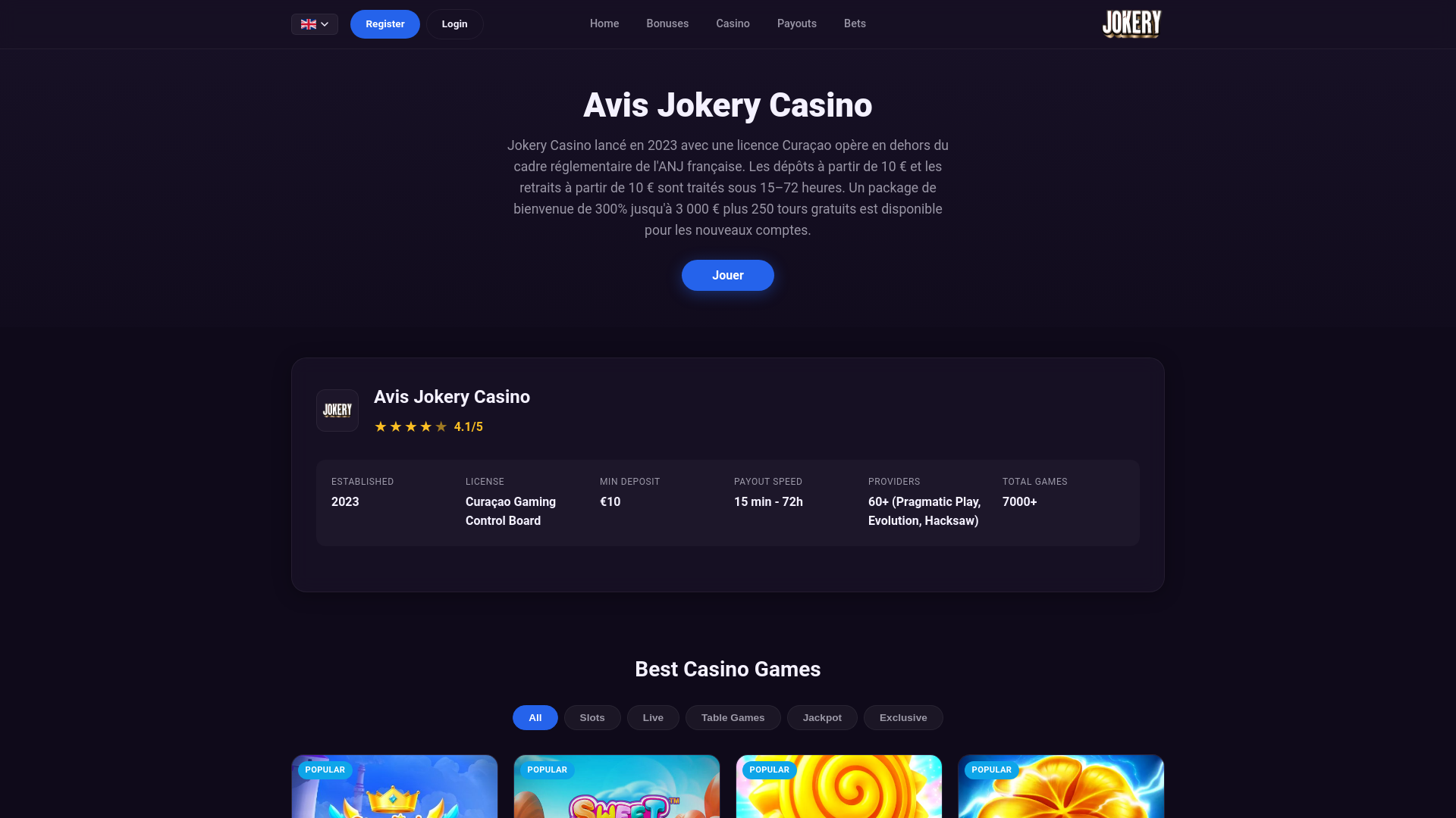 website screenshot of https://jokerycasinofr.com/