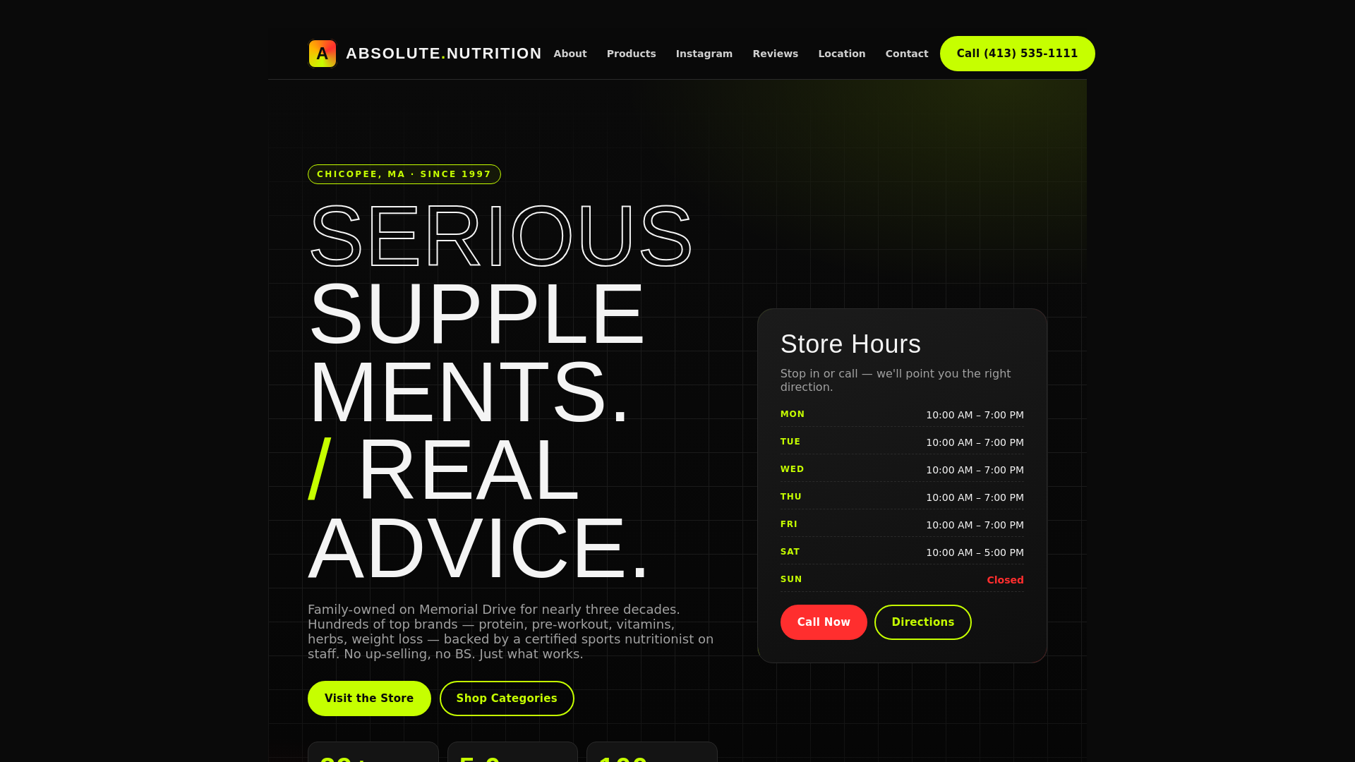 website screenshot of https://absolutenutritionchicopee.com/