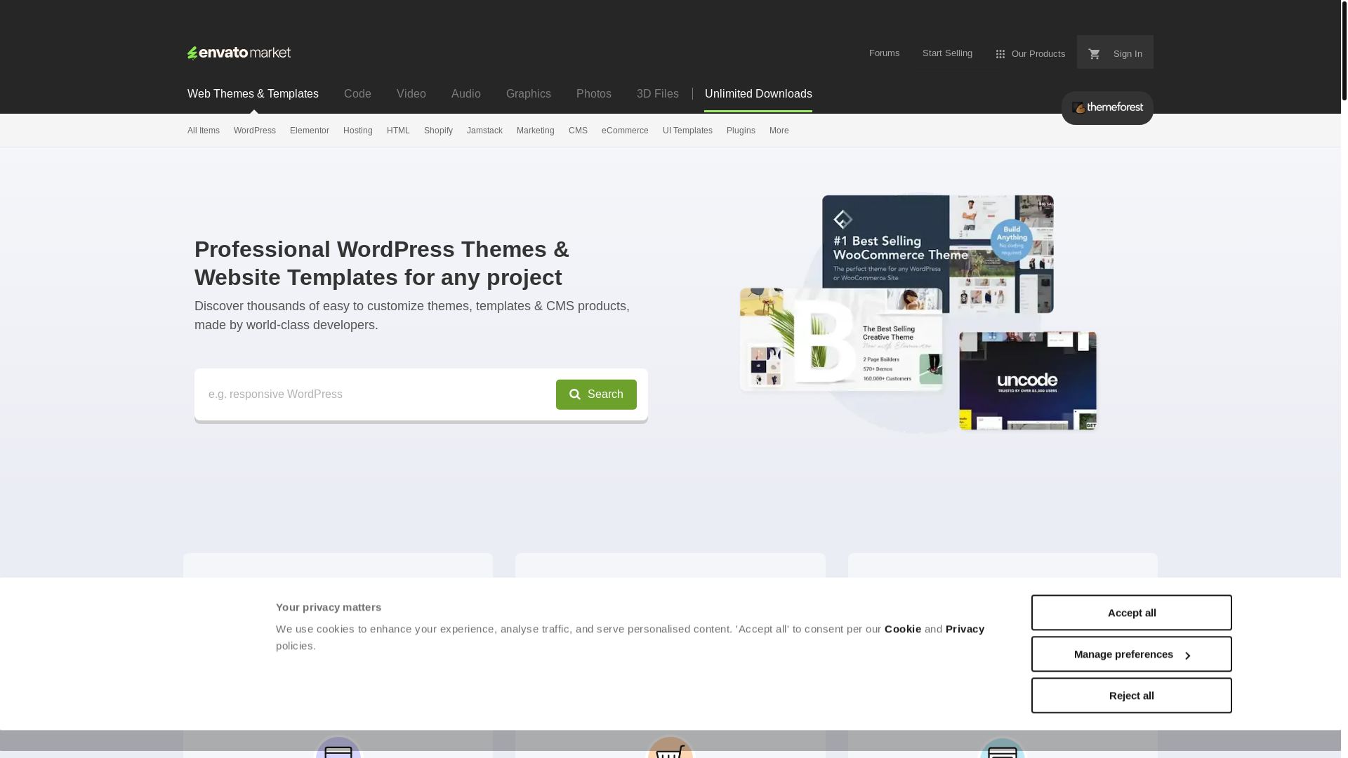 website screenshot of https://themeforest.net/