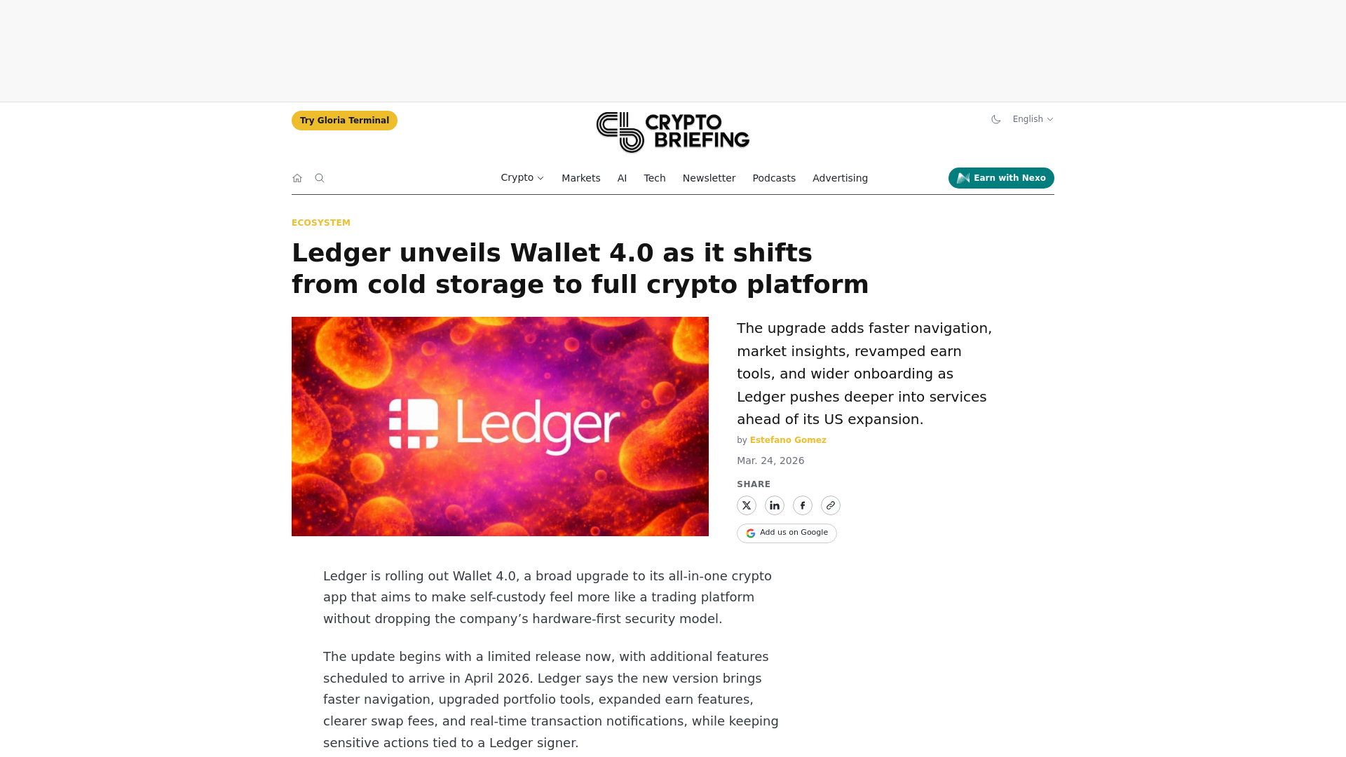 website screenshot of https://cryptobriefing.com/ledger-wallet-4-0-platform/