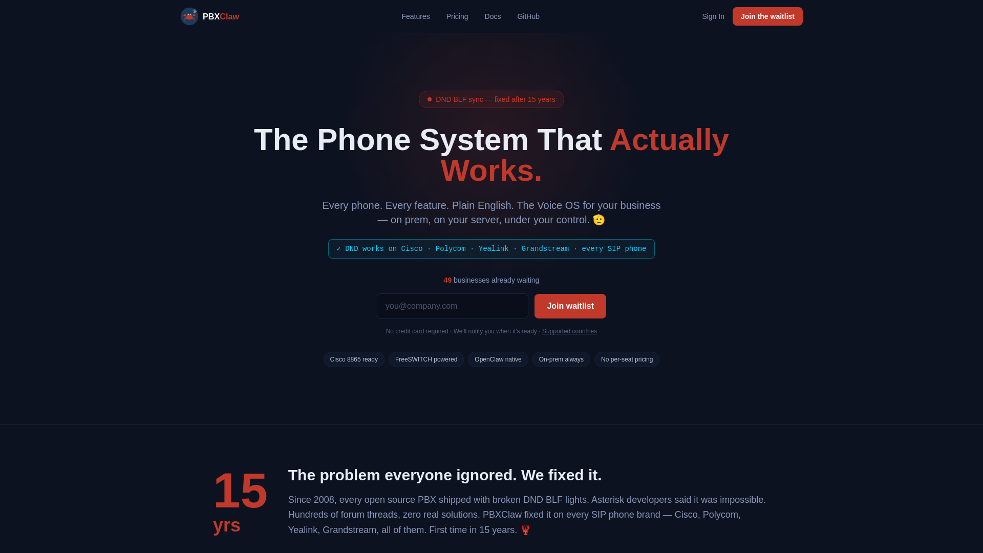 website screenshot of https://pbxclaw.ai/