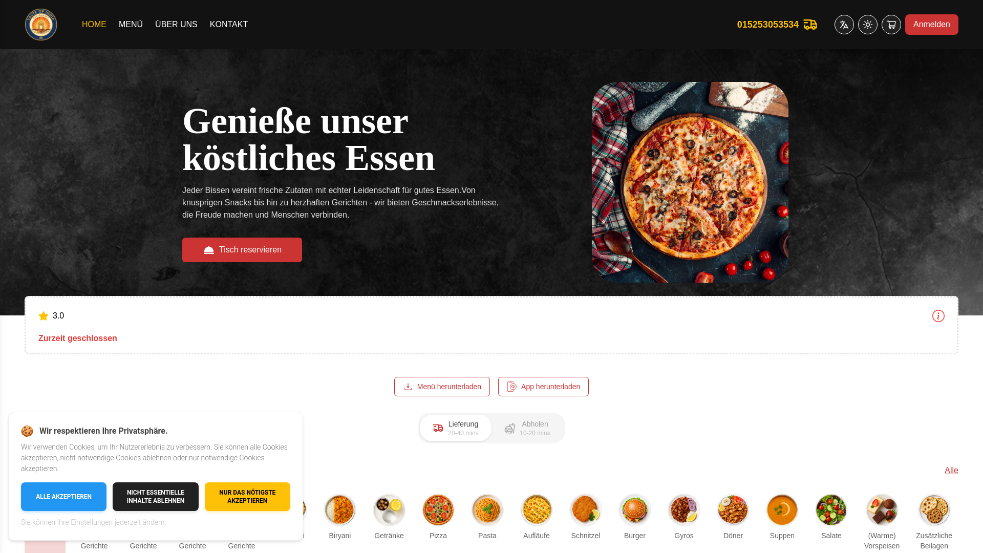 website screenshot of https://tasteofindiabansin.de/