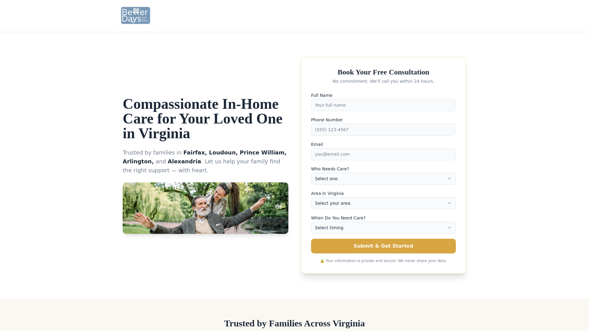 website screenshot of https://betterdayshomecareform.com/