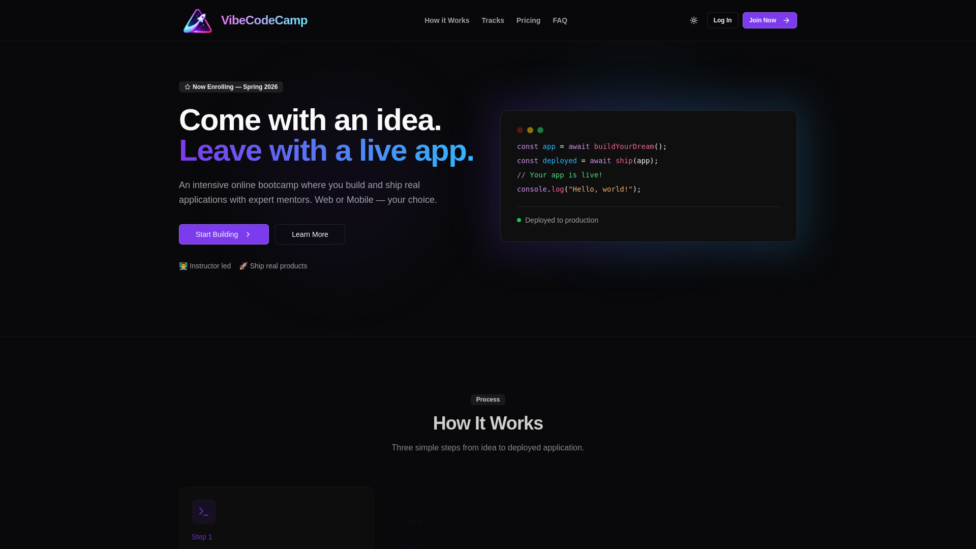 website screenshot of https://vibecodecamp.tech/