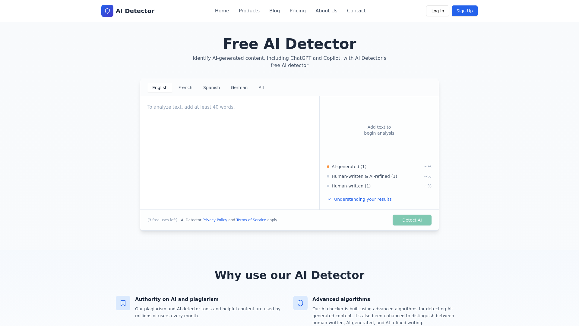 website screenshot of https://aidetectorspro.com/