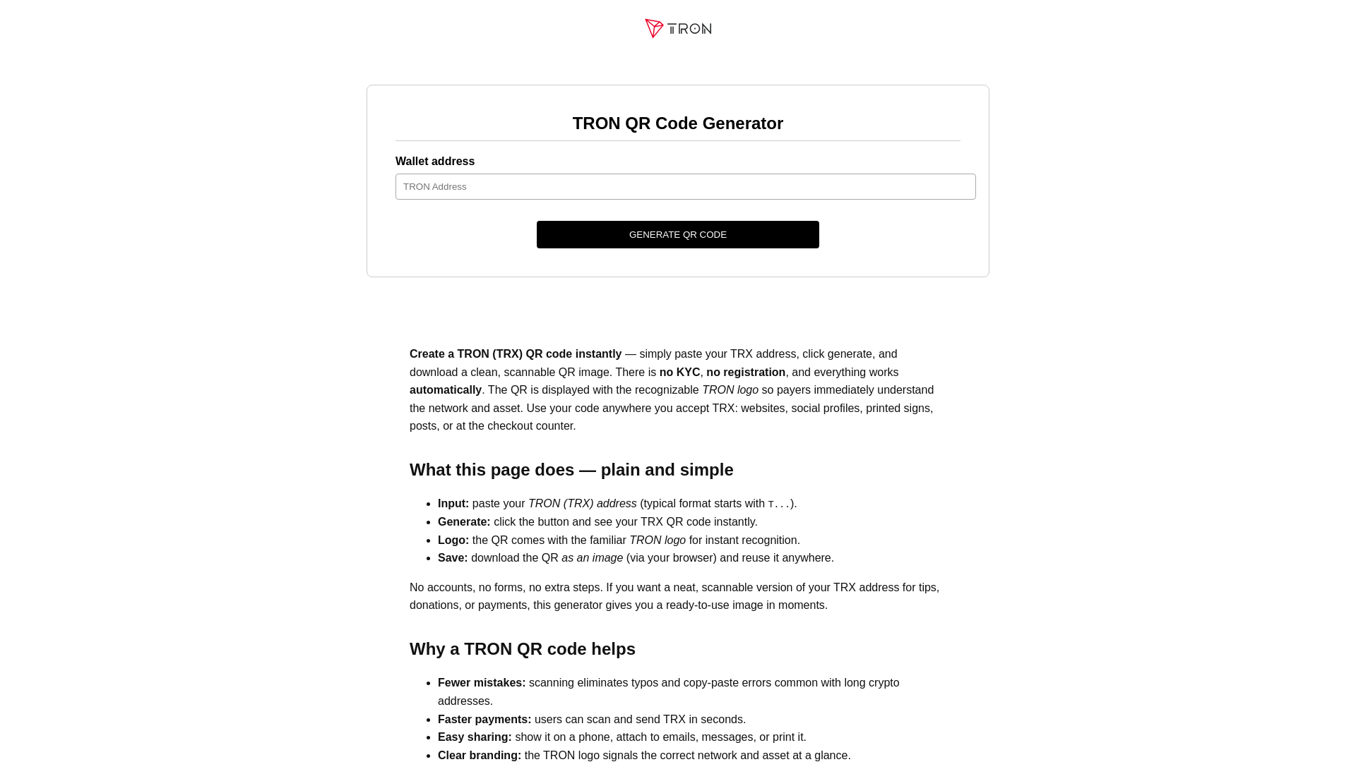 website screenshot of https://tron-qr-code-generator.com/