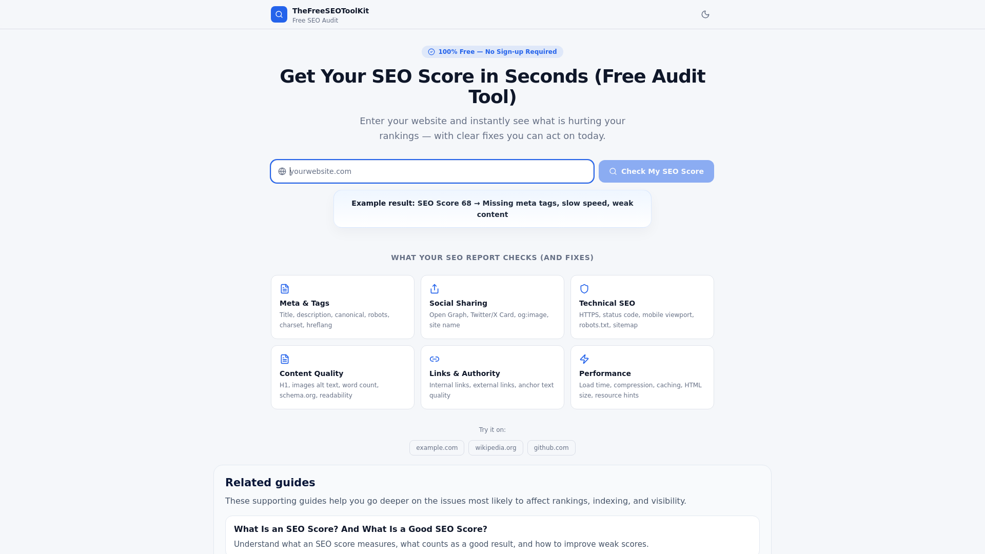 website screenshot of https://thefreeseotoolkit.com