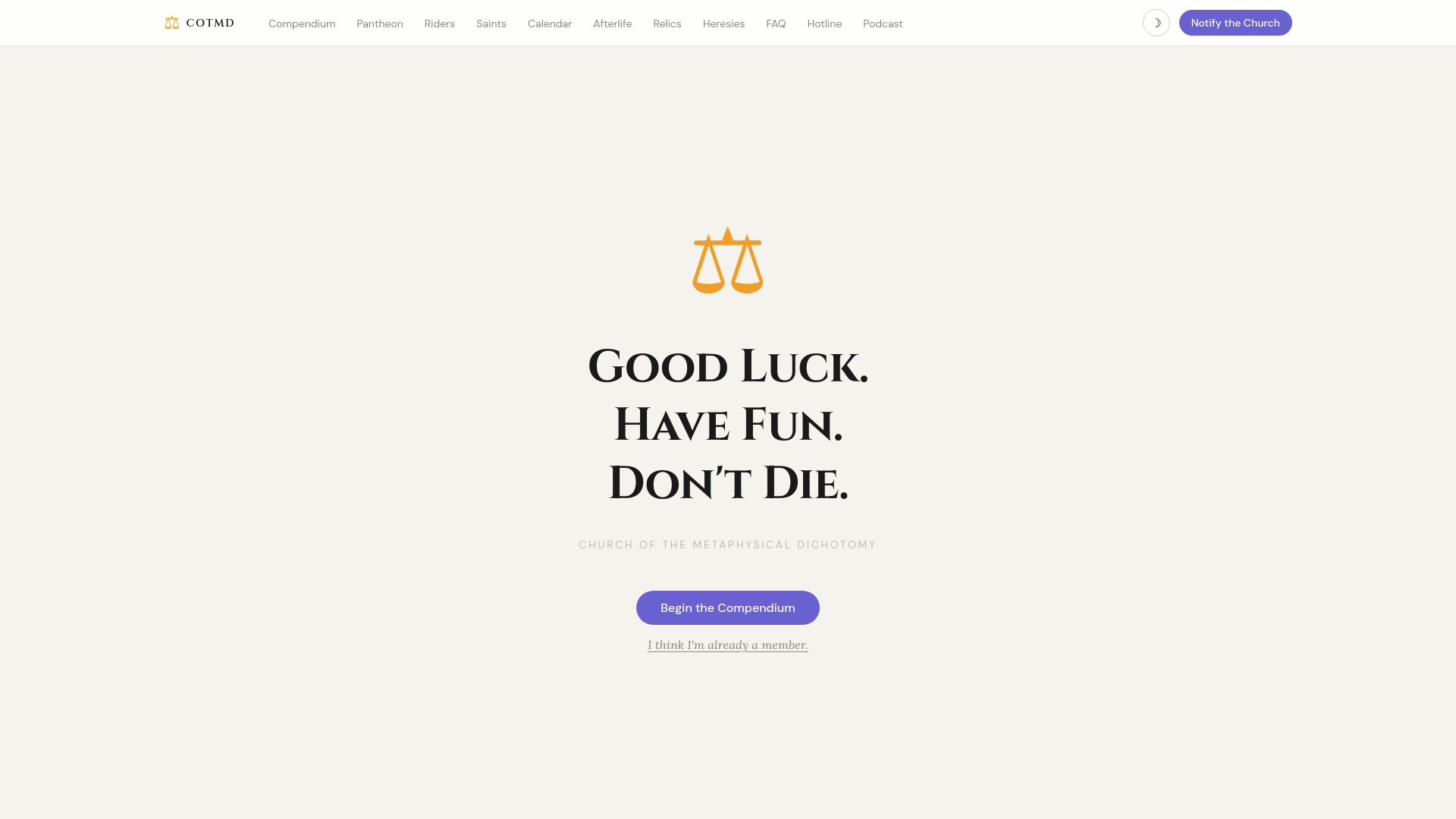 website screenshot of https://churchofthemetaphysicaldichotomy.org